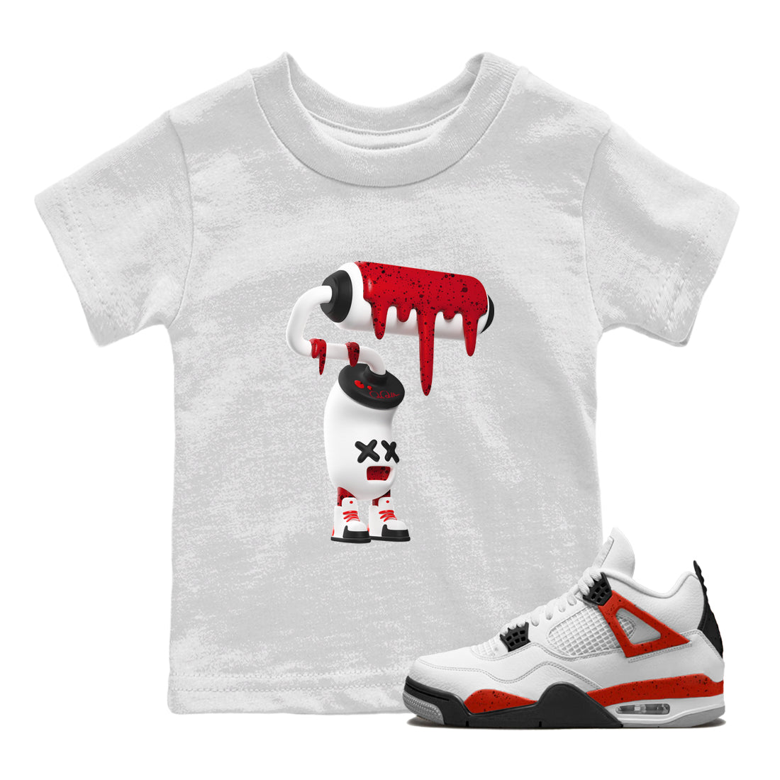 Air Jordan 4 Red Cement Sneaker Match Tees 3D Paint Roller Streetwear Sneaker Shirt AJ4 Retro OG Red Cement Sneaker Release Tees Kids Shirts White 1