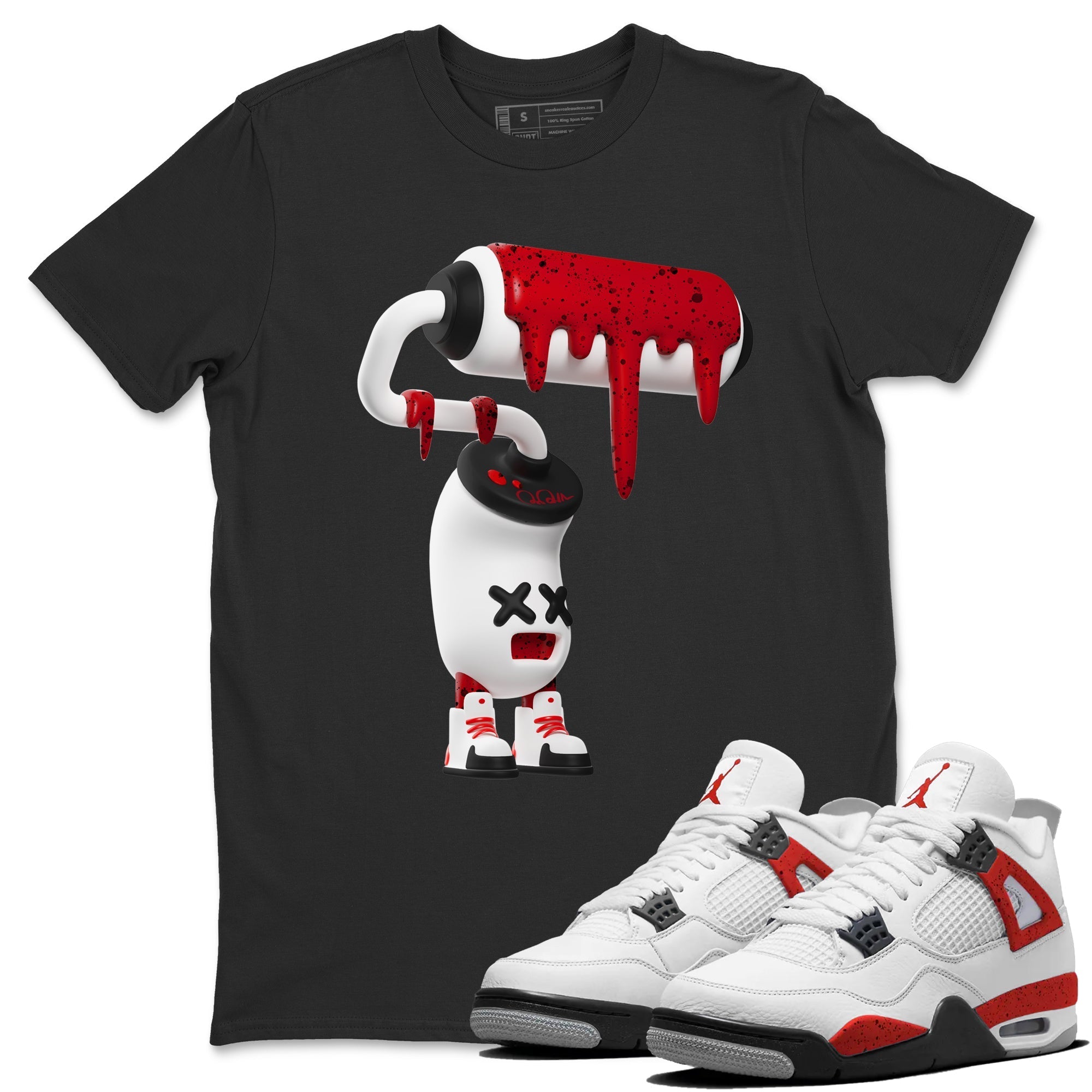 Air Jordan 4 Red Cement Sneaker Match Tees 3D Paint Roller Streetwear Sneaker Shirt AJ4 Retro OG Red Cement Sneaker Release Tees Unisex Shirts Black 1