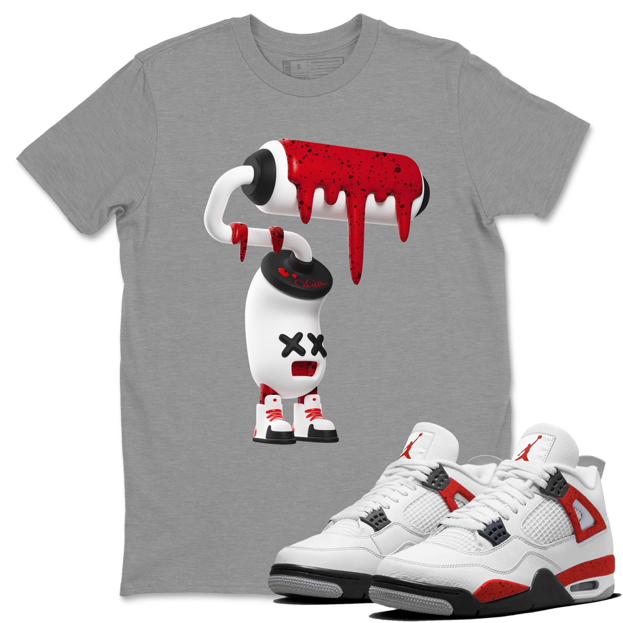 Air Jordan 4 Red Cement Sneaker Match Tees 3D Paint Roller Streetwear Sneaker Shirt AJ4 Retro OG Red Cement Sneaker Release Tees Unisex Shirts Heather Grey 1