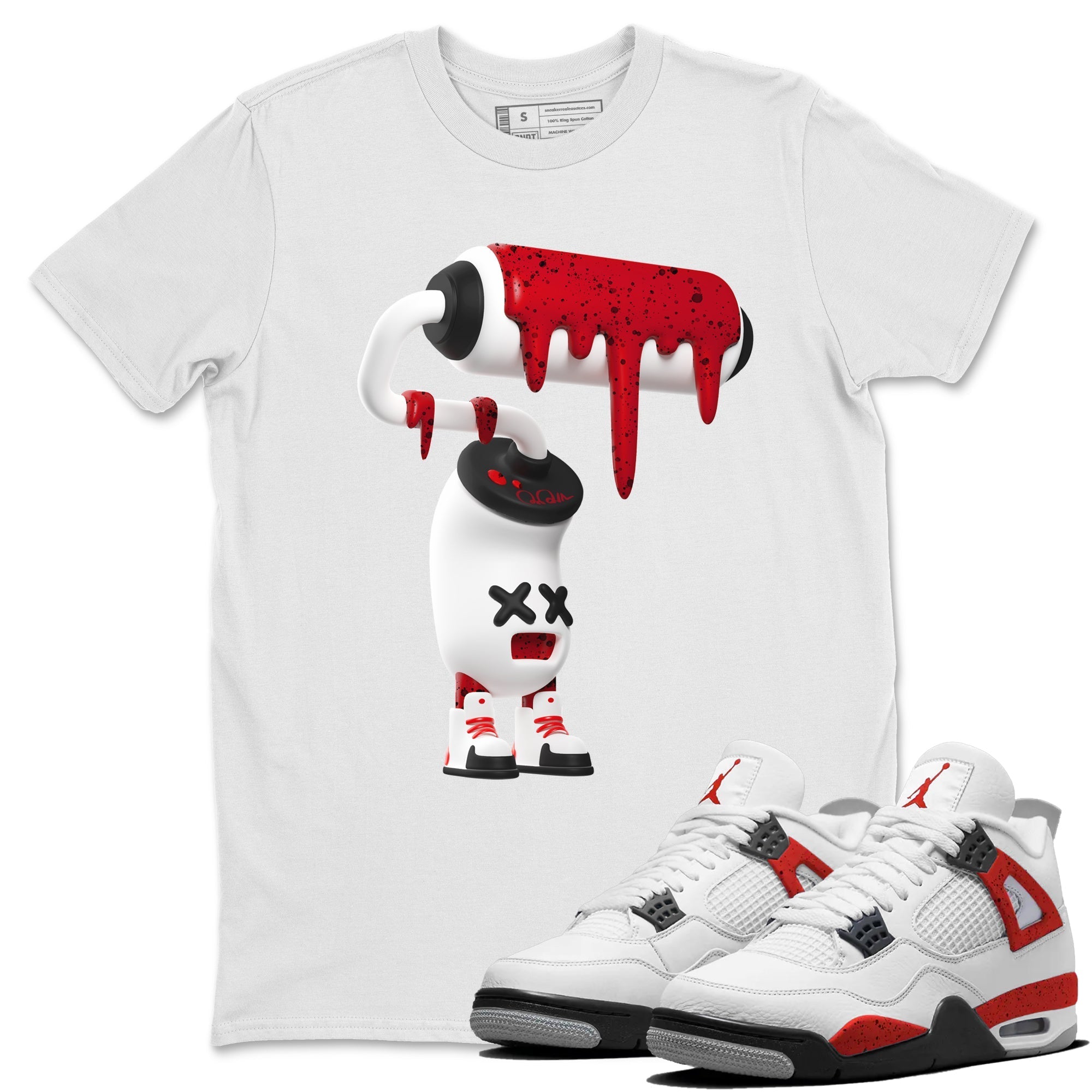 Air Jordan 4 Red Cement Sneaker Match Tees 3D Paint Roller Streetwear Sneaker Shirt AJ4 Retro OG Red Cement Sneaker Release Tees Unisex Shirts White 1