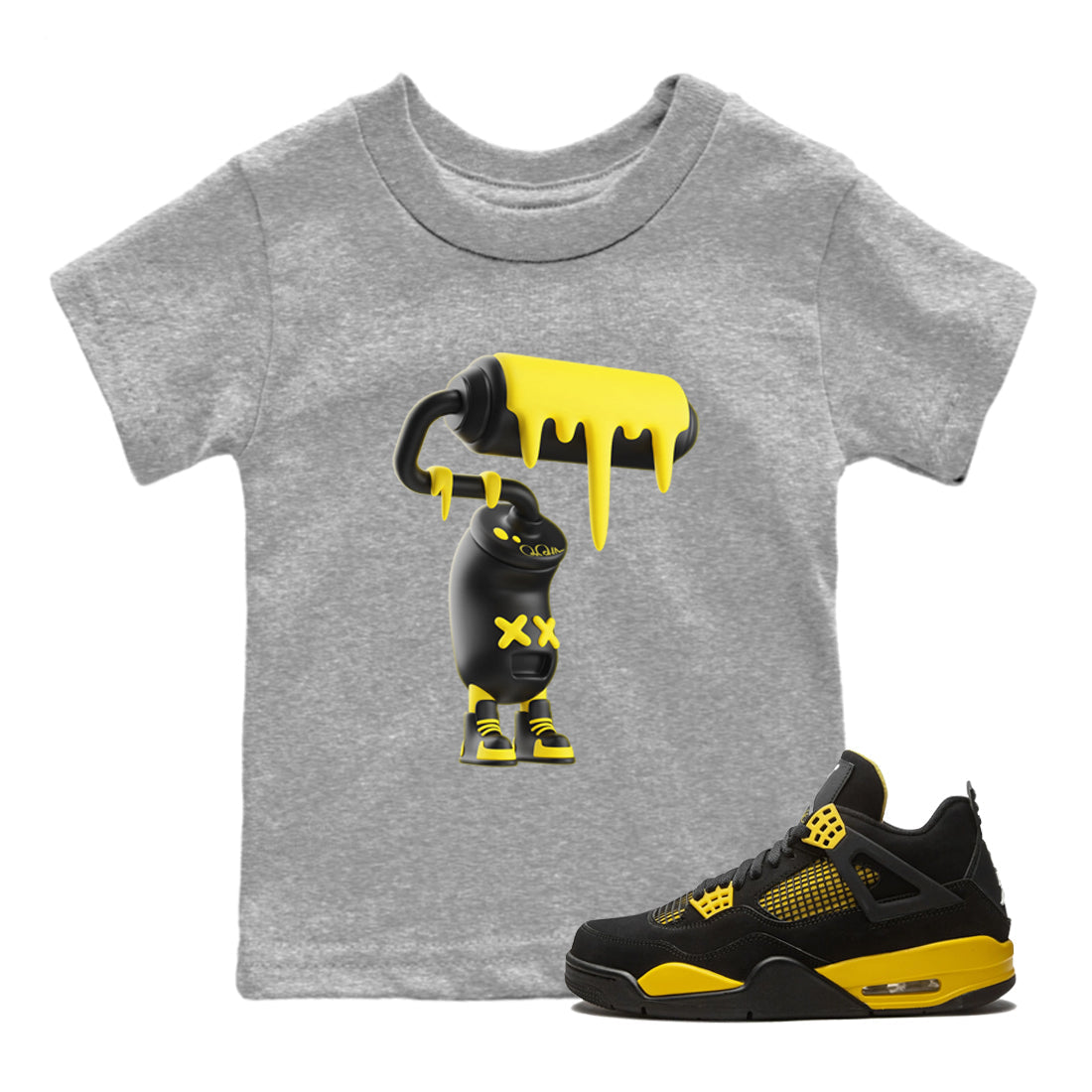 Air Jordan 4 Thunder Sneaker Match Tees 3D Paint Roller Streetwear Sneaker Shirt AJ4 Thunder Jumpman Sneaker Release Tees Kids Shirts Heather Grey 1