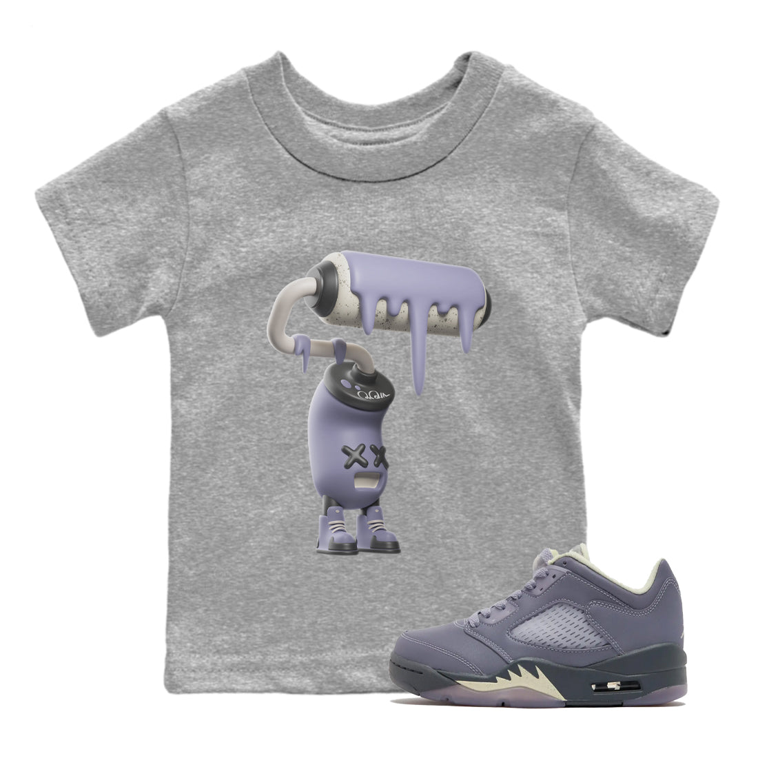 Air Jordan 5 Indigo Haze Sneaker Match Tees 3D Paint Roller Streetwear Sneaker Shirt AJ5 Indigo Haze Sneaker Release Tees Kids Shirts Heather Grey 1