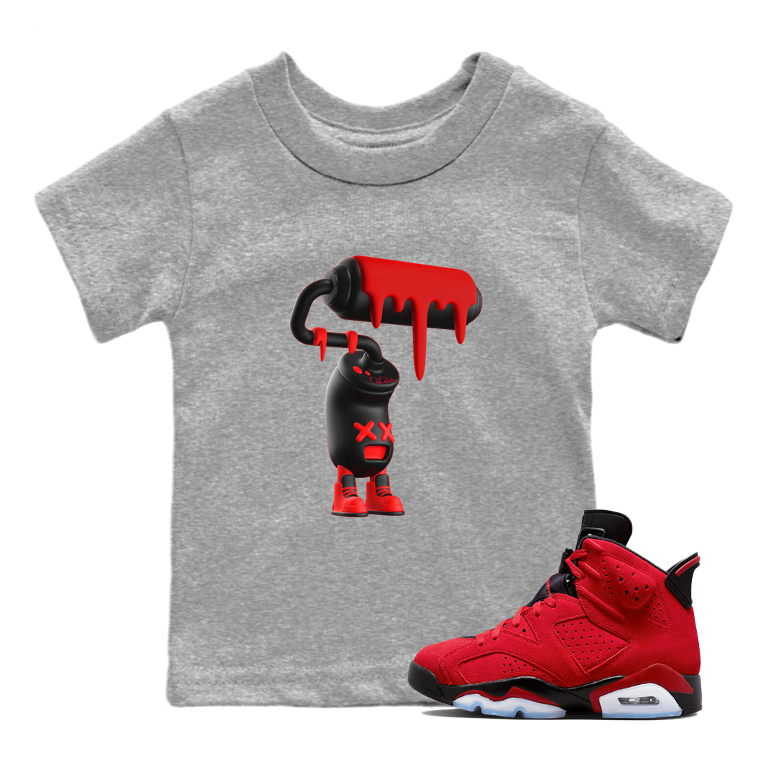 Air Jordan 6 Toro Bravo Sneaker Match Tees 3D Paint Roller Streetwear Sneaker Shirt 3D Graphic Design Shirts AJ6 Toro Bravo Sneaker Release Tees Kids Shirts Heather Grey 1
