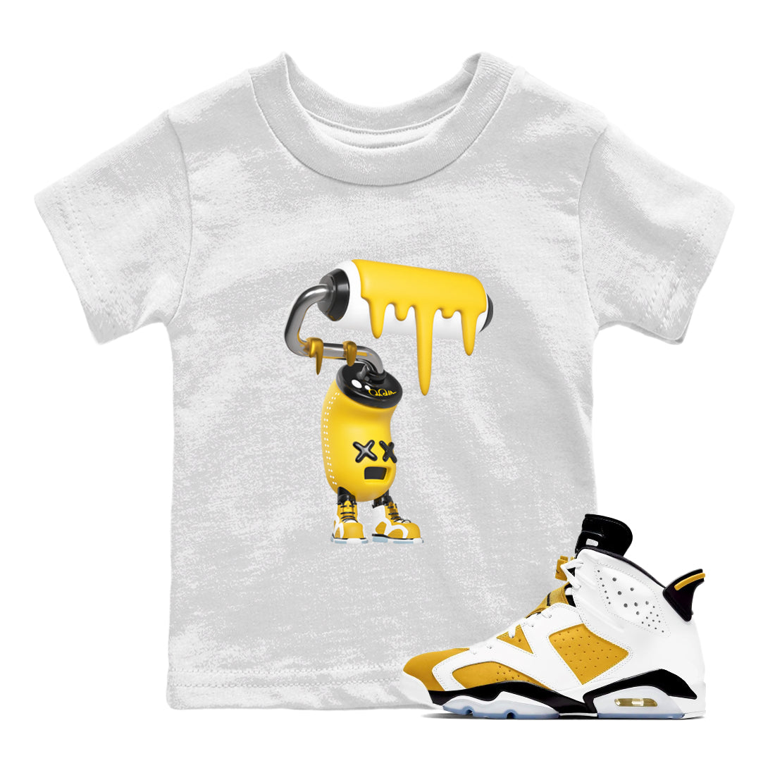 Air Jordan 6 Yellow Ochre shirt to match jordans 3D Paint Roller sneaker tees streetwear brand AJ6 Yellow Ochre Drip Gear Zone Brand Baby Toddler White 1 T-Shirt