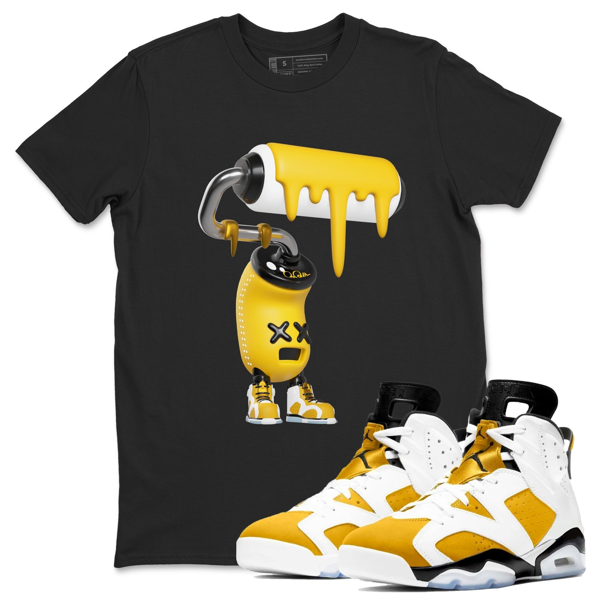 Air Jordan 6 Yellow Ochre shirt to match jordans 3D Paint Roller sneaker tees streetwear brand AJ6 Yellow Ochre Drip Gear Zone Brand Unisex Black 1 T-Shirt