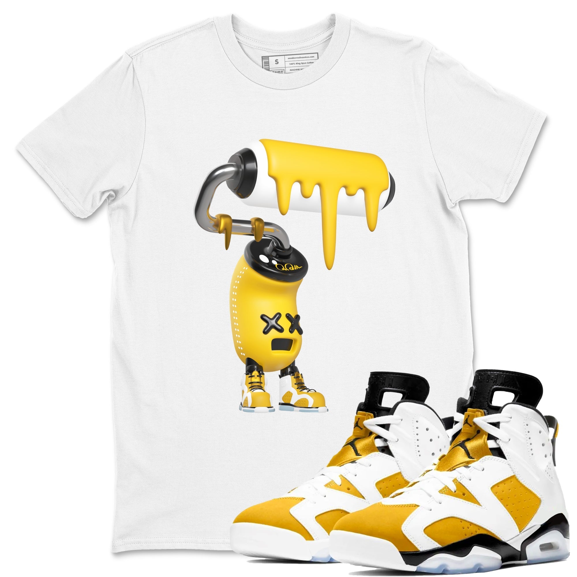 Air Jordan 6 Yellow Ochre shirt to match jordans 3D Paint Roller sneaker tees streetwear brand AJ6 Yellow Ochre Drip Gear Zone Brand Unisex White 1 T-Shirt