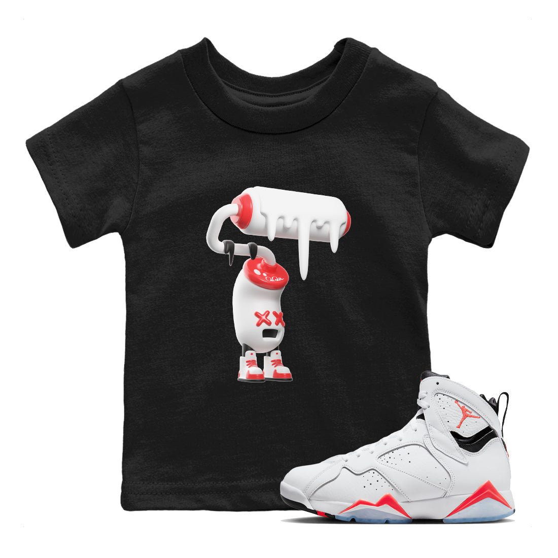 Air Jordan 7 Infrared Sneaker Match Tees 3D Paint Roller Streetwear Sneaker Shirt AJ7 Infrared Sneaker Release Tees Kids Shirts Black 1