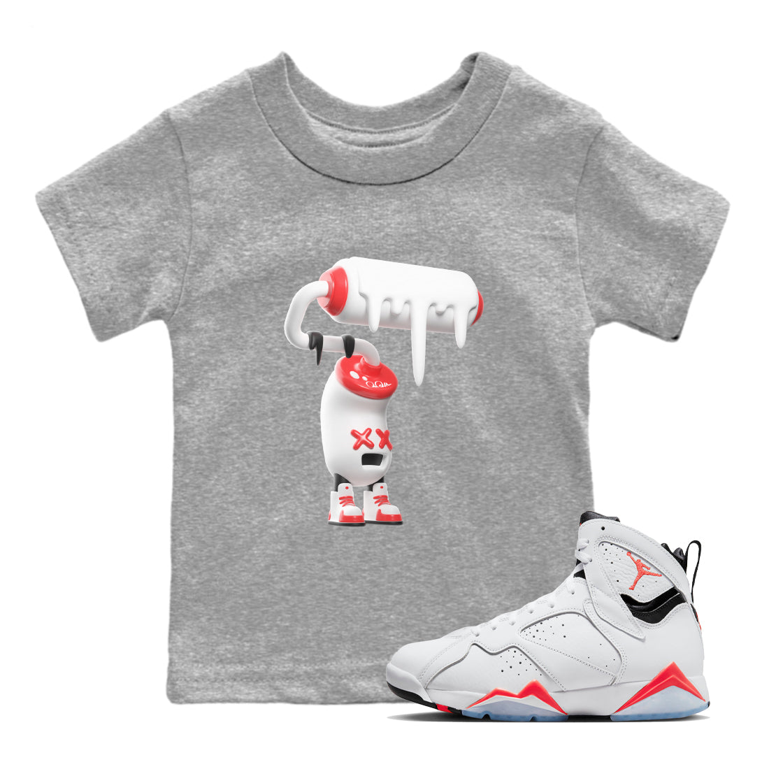 Air Jordan 7 Infrared Sneaker Match Tees 3D Paint Roller Streetwear Sneaker Shirt AJ7 Infrared Sneaker Release Tees Kids Shirts Heather Grey 1