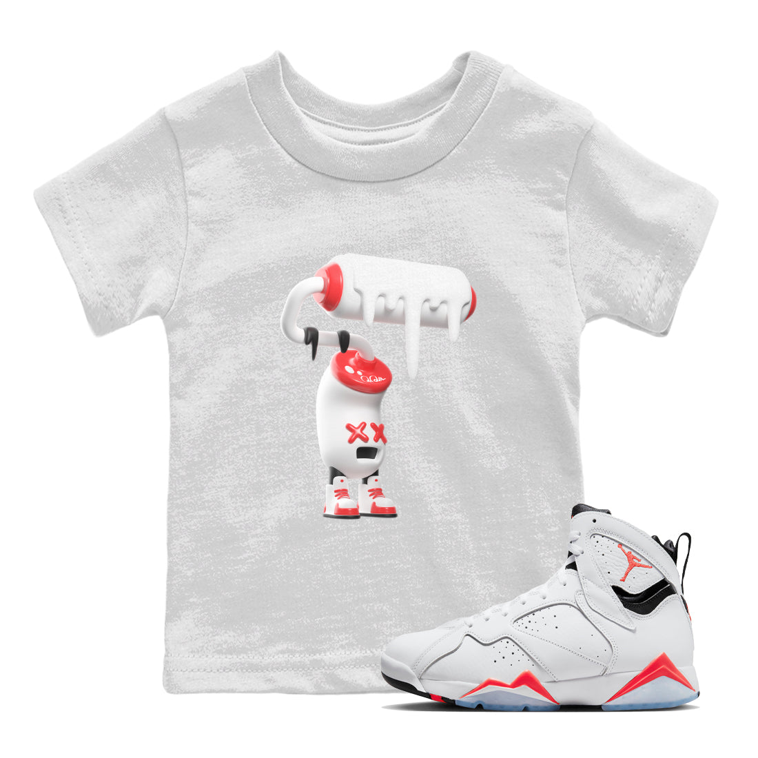 Air Jordan 7 Infrared Sneaker Match Tees 3D Paint Roller Streetwear Sneaker Shirt AJ7 Infrared Sneaker Release Tees Kids Shirts White 1