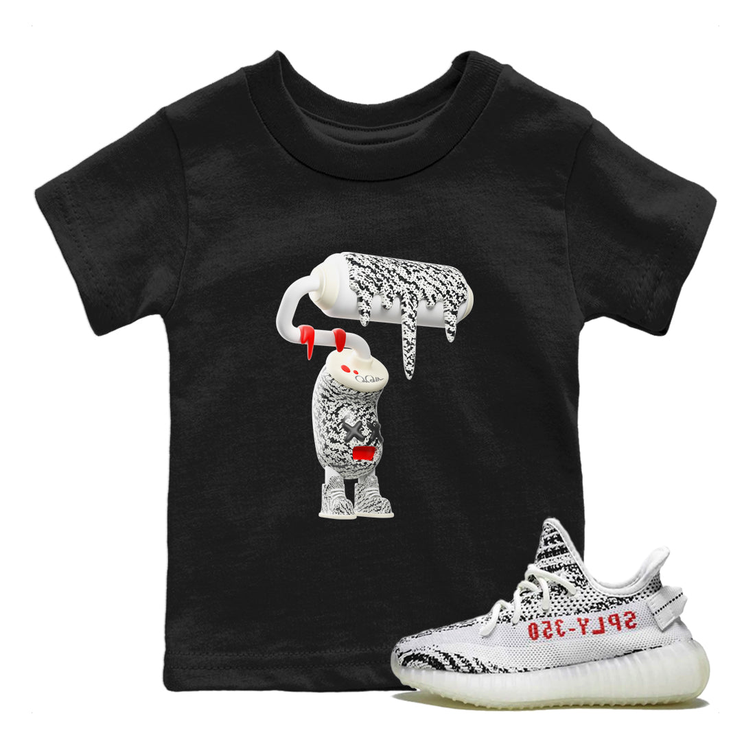 Yeezy 350 Zebra Sneaker Match Tees 3D Paint Roller Streetwear Sneaker Shirt Yeezy Boost 350 V2 Zebra Sneaker Release Tees Kids Shirts Black 1