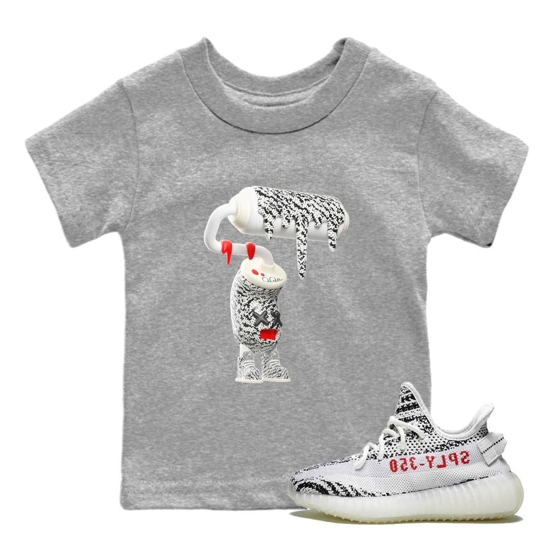 Yeezy 350 Zebra Sneaker Match Tees 3D Paint Roller Streetwear Sneaker Shirt Yeezy Boost 350 V2 Zebra Sneaker Release Tees Kids Shirts Heather Grey 1