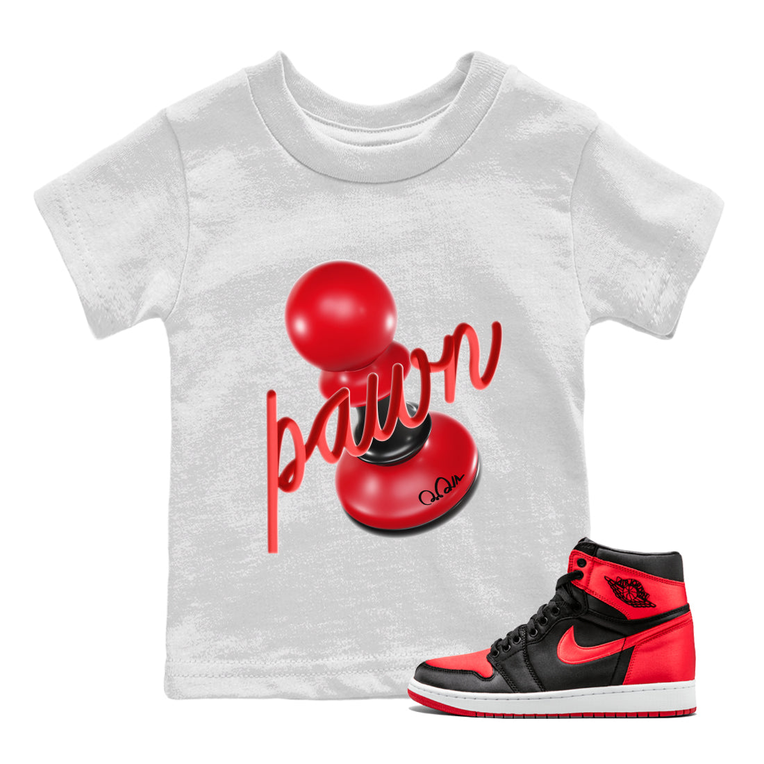 Air Jordan 1 Satin Bred Sneaker Match Tees 3D Pawn Streetwear Sneaker Shirt AJ1 Satin Bred Sneaker Release Tees Kids Shirts White 1