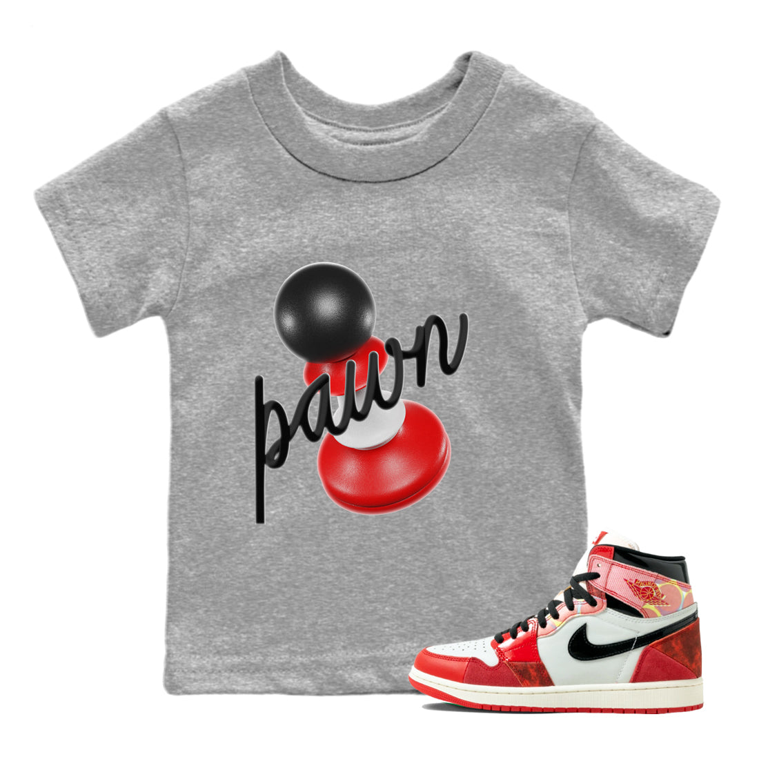 Air Jordan 1 Spider Man Sneaker Match Tees 3D Pawn Sneaker Release Tees AJ1 Spider Man Sneaker Release Tees Kids Shirts Heather Grey 1