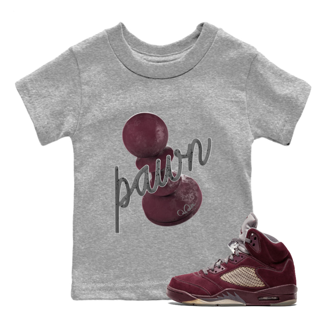 Air Jordan 5 Burgundy Sneaker Match Tees 3D Pawn Streetwear Sneaker Shirt AJ5 Burgundy Sneaker Release Tees Kids Shirts Heather Grey 1