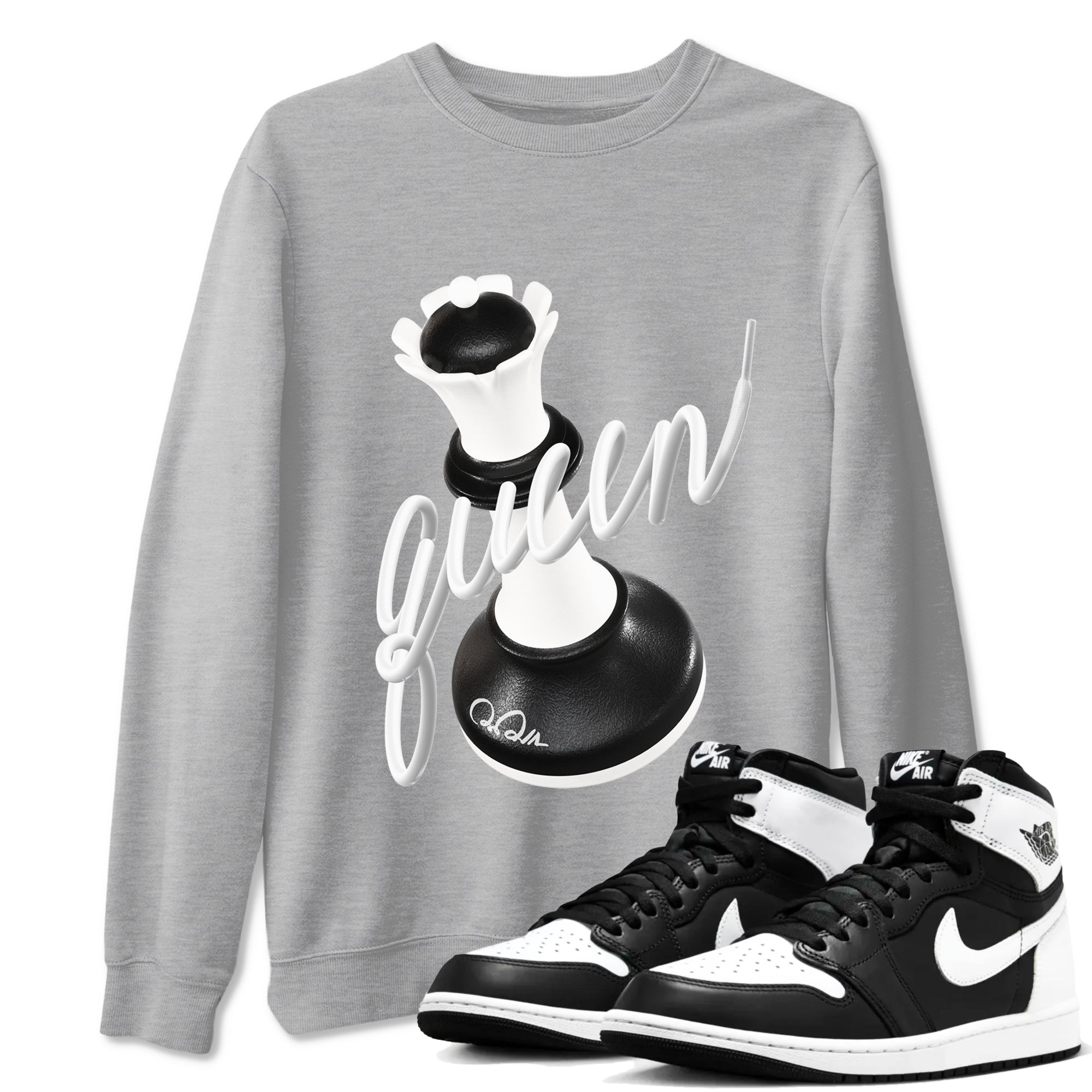 1s Black White shirt to match jordans 3D Queen sneaker tees Air Jordan 1 High OG Black White Drip Gear Zone unisex cotton Heather Grey 1 crew neck shirt
