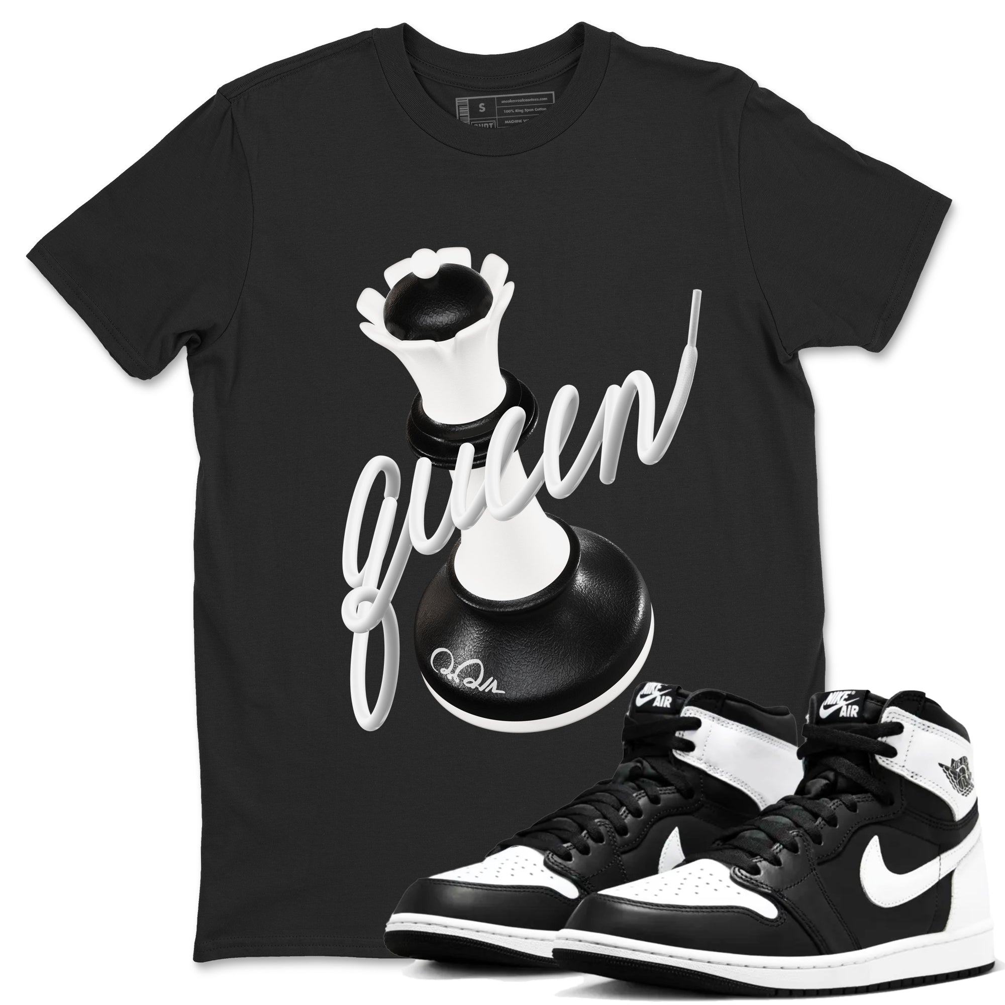 1s Black White shirt to match jordans 3D Queen sneaker tees Air Jordan 1 High OG Black White Drip Gear Zone unisex cotton Black 1 crew neck shirt