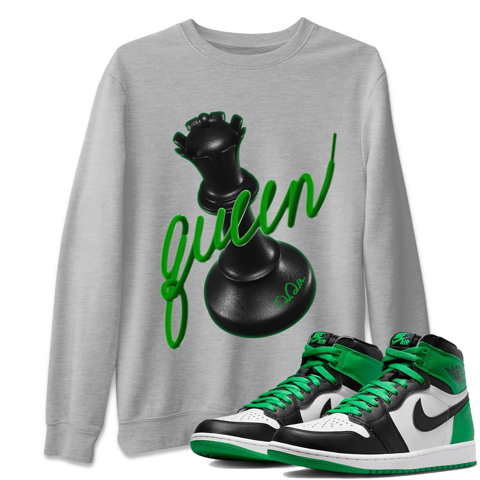 Air Jordan 1 Celtics Sneaker Match Tees 3D Queen Streetwear Sneaker Shirt AJ1 High OG Lucky Green Sneaker Release Tees Unisex Shirts Heather Grey 1