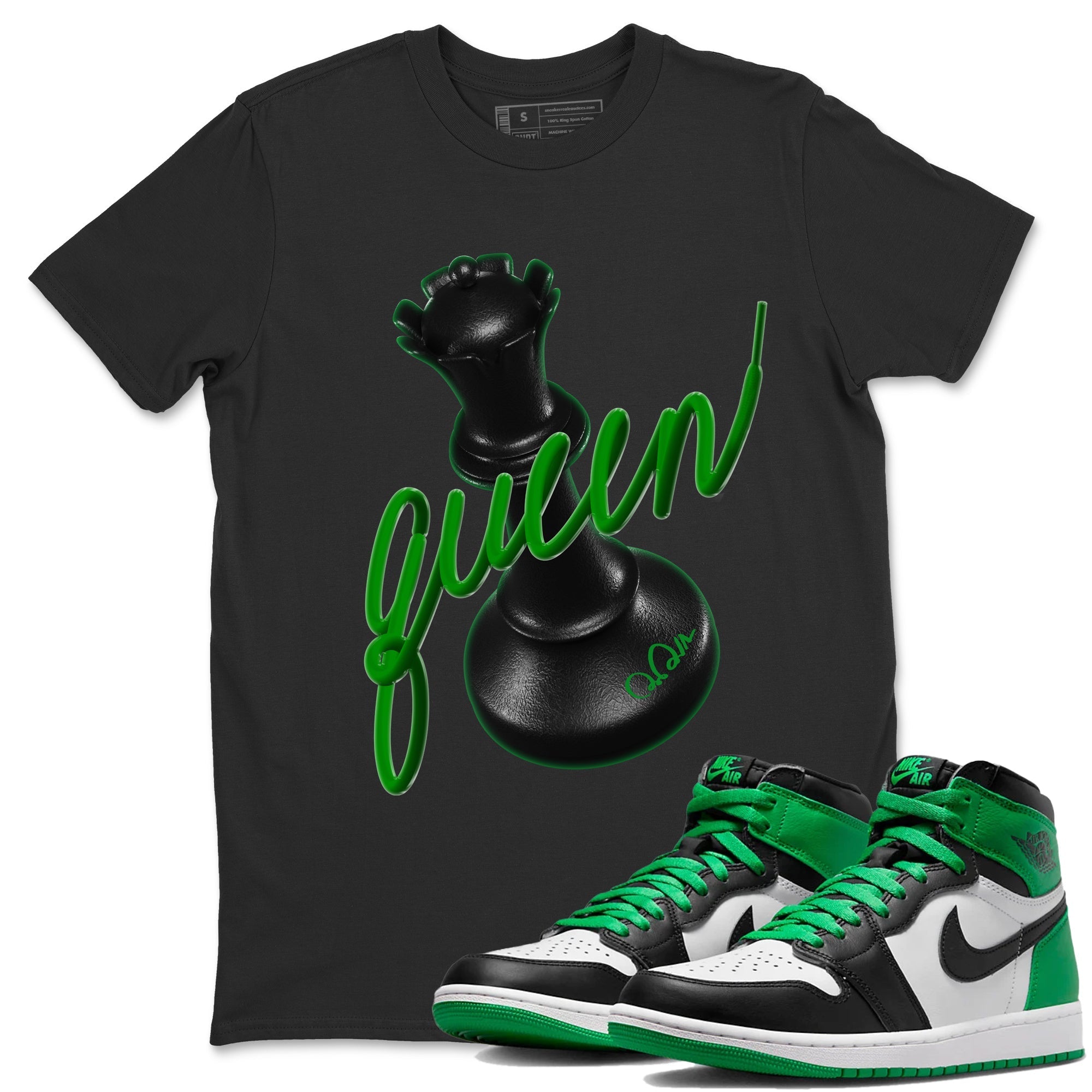 Air Jordan 1 Celtics Sneaker Match Tees 3D Queen Streetwear Sneaker Shirt AJ1 High OG Lucky Green Sneaker Release Tees Unisex Shirts Black 1
