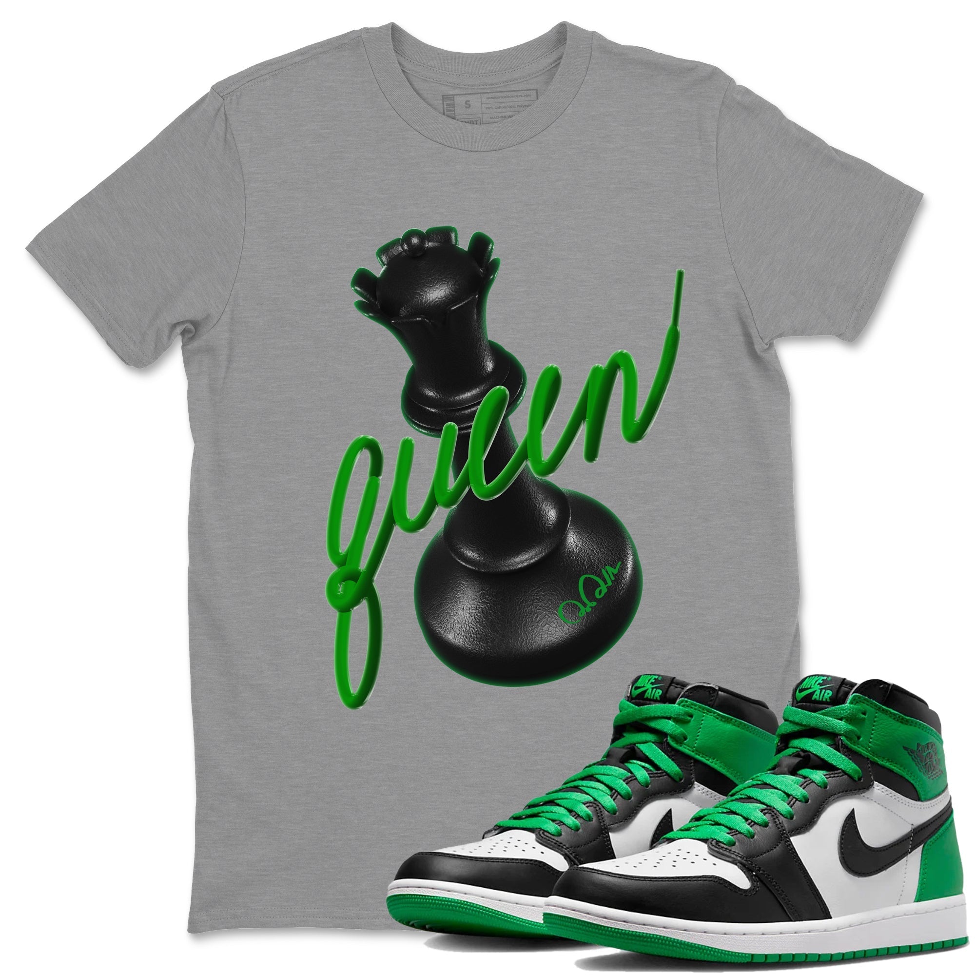 Air Jordan 1 Celtics Sneaker Match Tees 3D Queen Streetwear Sneaker Shirt AJ1 High OG Lucky Green Sneaker Release Tees Unisex Shirts Heather Grey 1