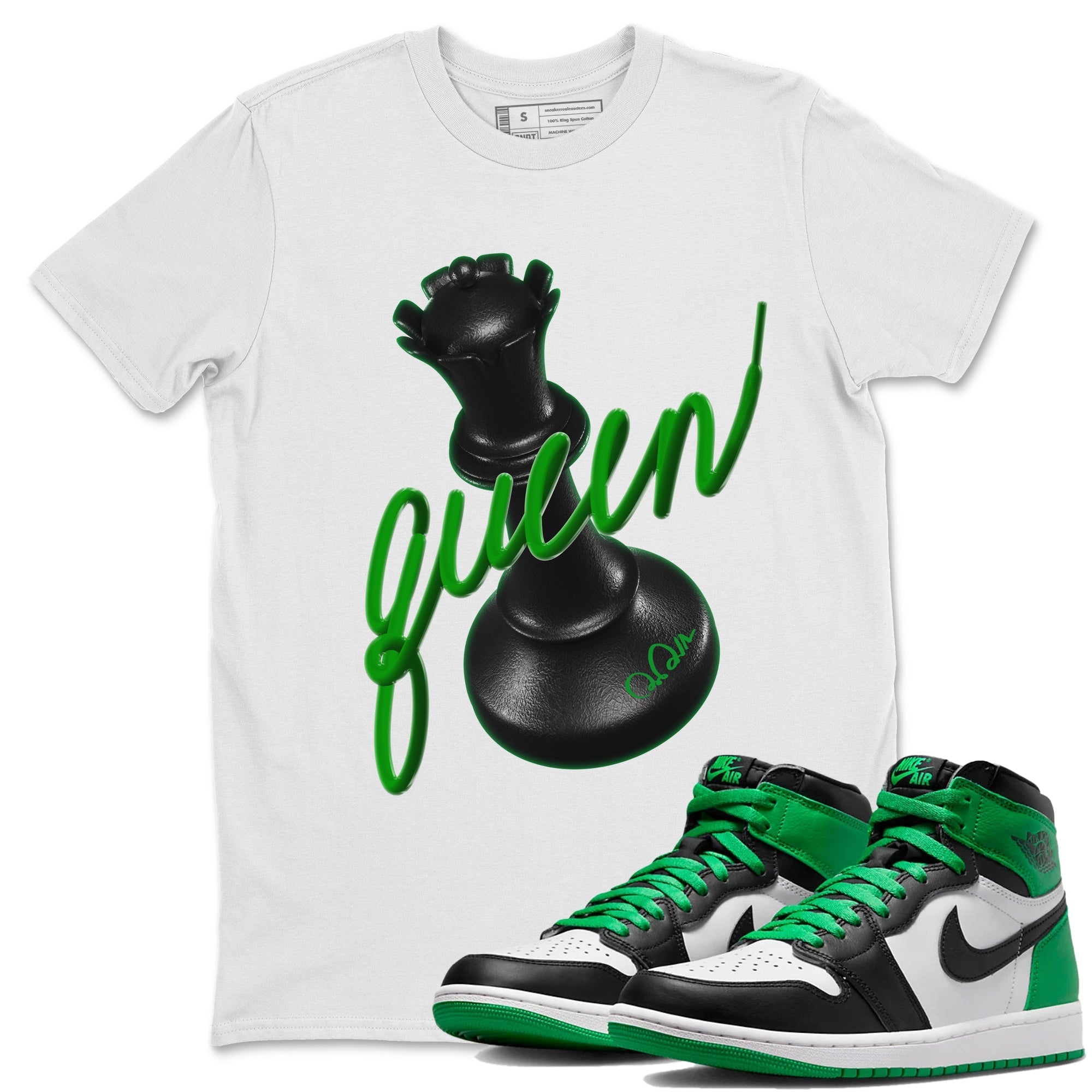 Air Jordan 1 Celtics Sneaker Match Tees 3D Queen Streetwear Sneaker Shirt AJ1 High OG Lucky Green Sneaker Release Tees Unisex Shirts White 1