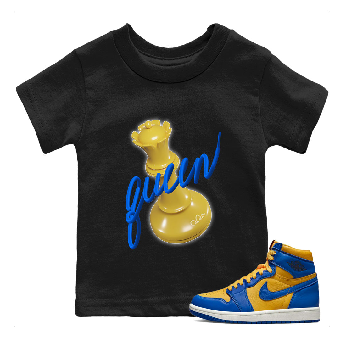 Jordan 1 Game Royal Varsity Maize Sneaker Matching T-Shirt 3D Queen Sneaker Tees Jordan 1 Game Royal Varsity Maize Sneaker Release Tees Kids Shirts