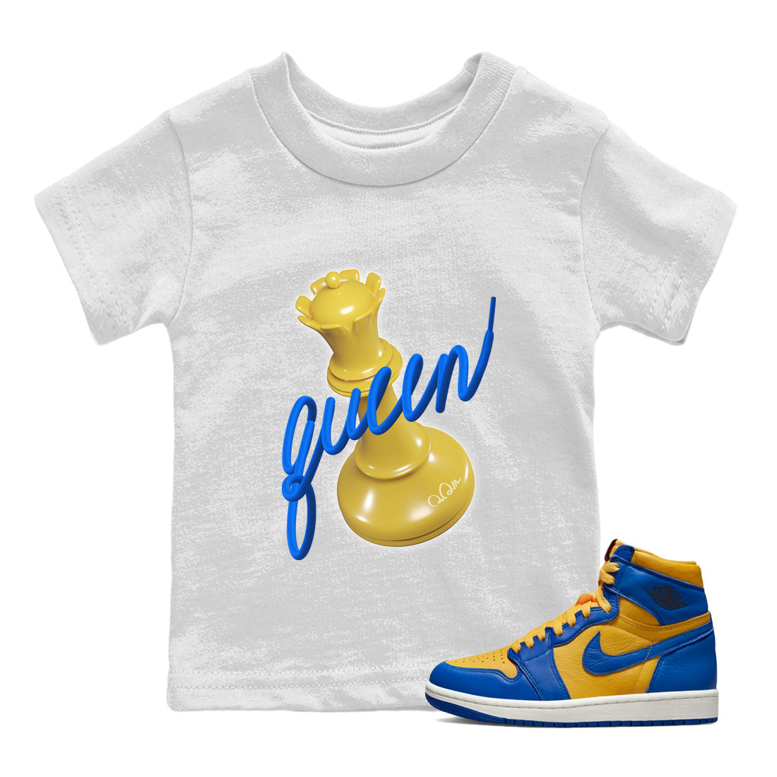 Jordan 1 Game Royal Varsity Maize Sneaker Matching T-Shirt 3D Queen Sneaker Tees Jordan 1 Game Royal Varsity Maize Sneaker Release Tees Kids Shirts