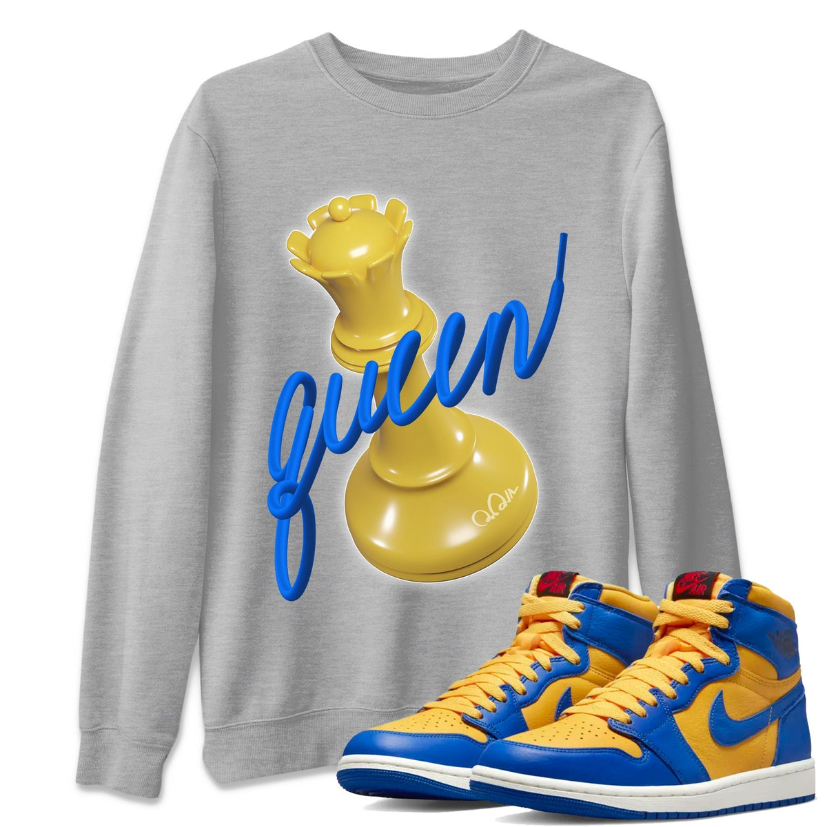 Jordan 1 Game Royal Varsity Maize Sneaker Matching T-Shirt 3D Queen Sneaker Tees Jordan 1 Game Royal Varsity Maize Sneaker Release Tees Crew Neck Tees