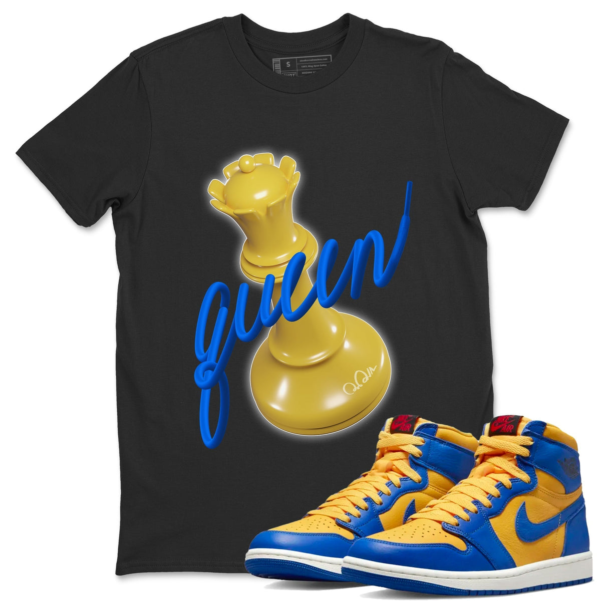 Jordan 1 Game Royal Varsity Maize Sneaker Matching T-Shirt 3D Queen Sneaker Tees Jordan 1 Game Royal Varsity Maize Sneaker Release Tees Crew Neck Tees