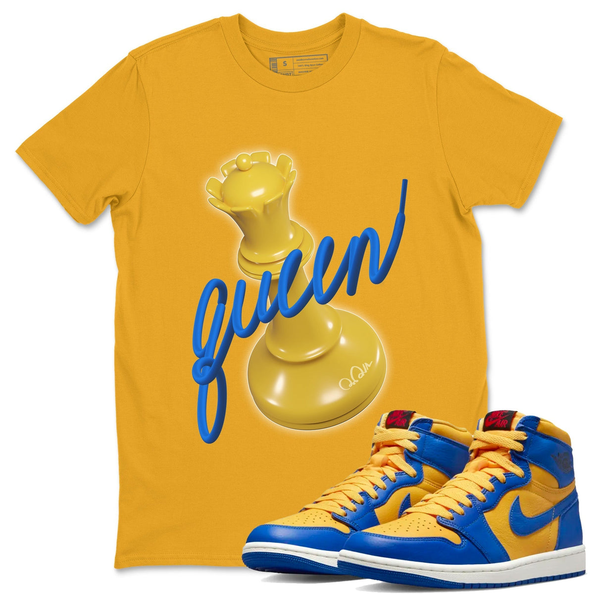 Jordan 1 Game Royal Varsity Maize Sneaker Matching T-Shirt 3D Queen Sneaker Tees Jordan 1 Game Royal Varsity Maize Sneaker Release Tees Crew Neck Tees