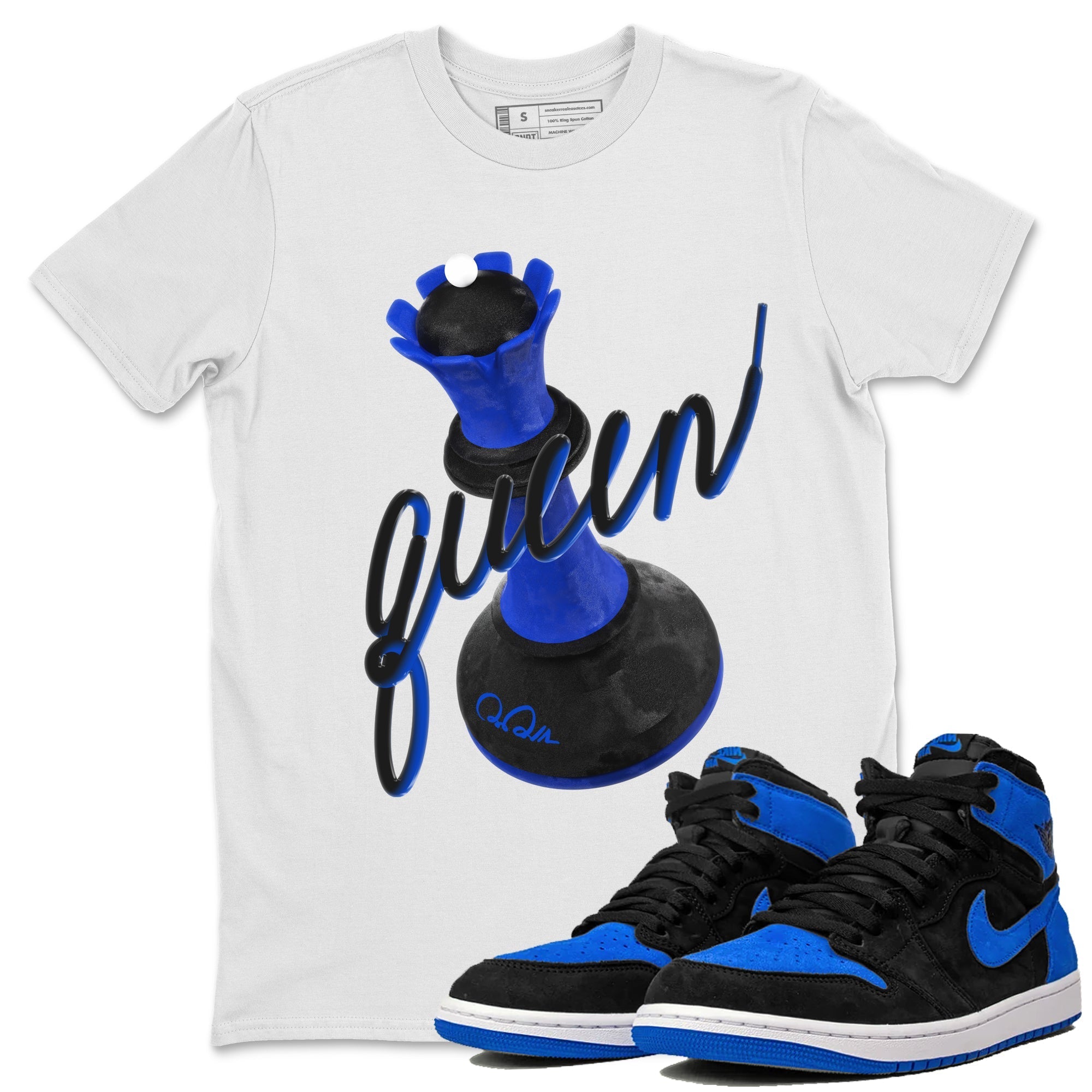 Air Jordan 1 Royal Reimagined shirt to match jordans 3D Queen sneaker tees AJ1 OG HIGH Royal Reimagined Drip Gear Zone Unisex Sneaker Tees and Sneaker Match T-Shirt White 1 T-Shirt