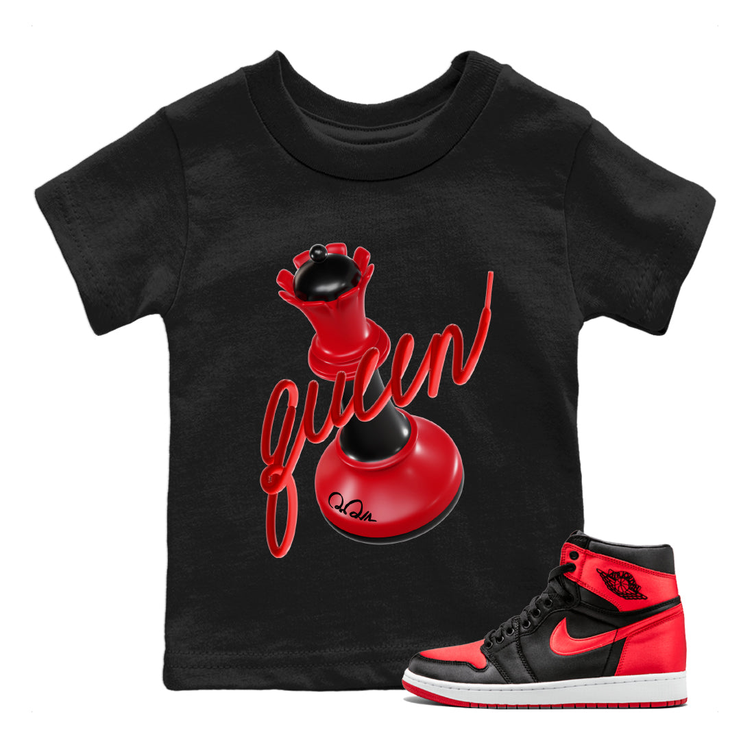 Air Jordan 1 Satin Bred Sneaker Match Tees 3D Queen Streetwear Sneaker Shirt AJ1 Satin Bred Sneaker Release Tees Kids Shirts Black 1