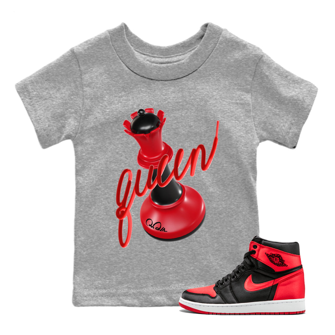 Air Jordan 1 Satin Bred Sneaker Match Tees 3D Queen Streetwear Sneaker Shirt AJ1 Satin Bred Sneaker Release Tees Kids Shirts Heather Grey 1