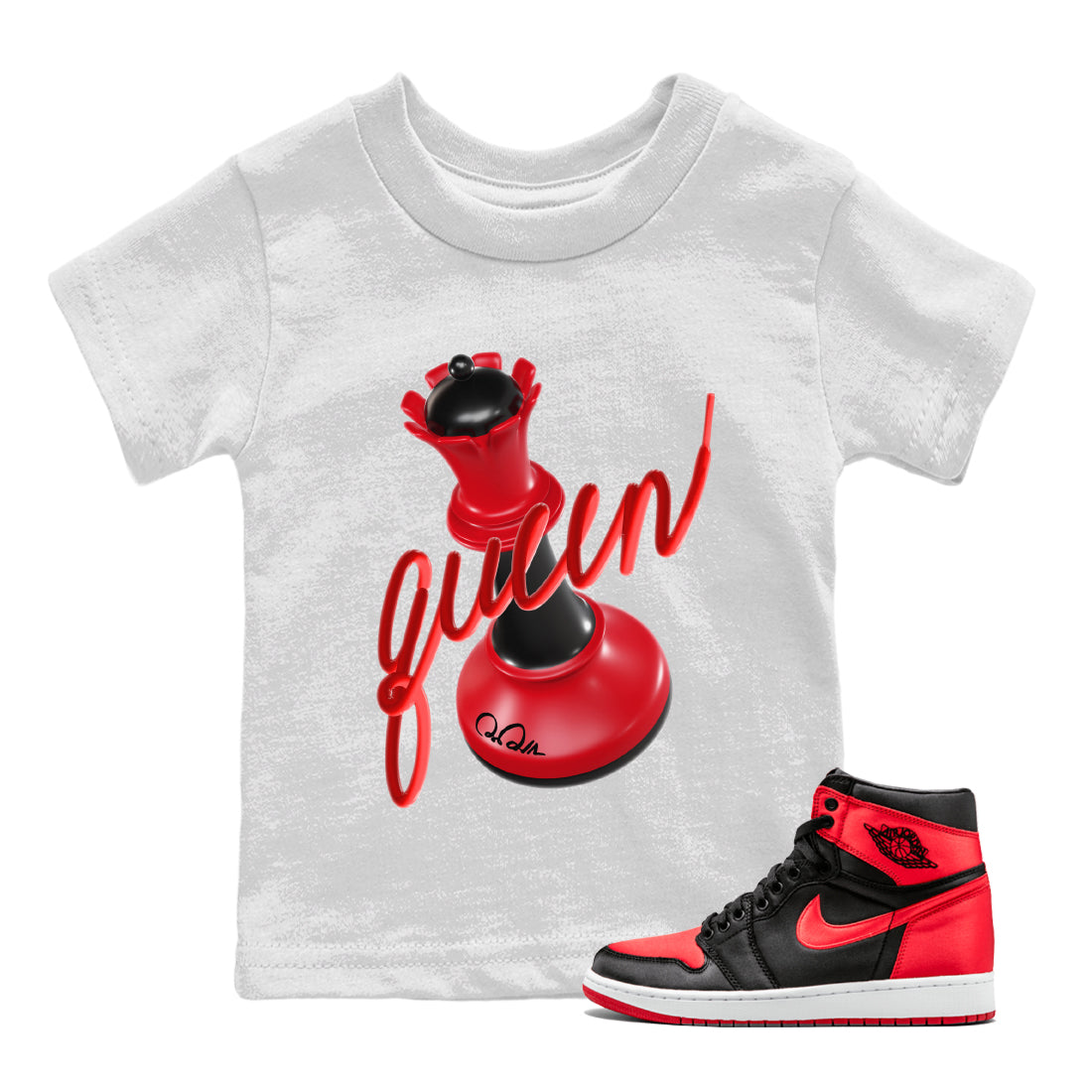 Air Jordan 1 Satin Bred Sneaker Match Tees 3D Queen Streetwear Sneaker Shirt AJ1 Satin Bred Sneaker Release Tees Kids Shirts White 1