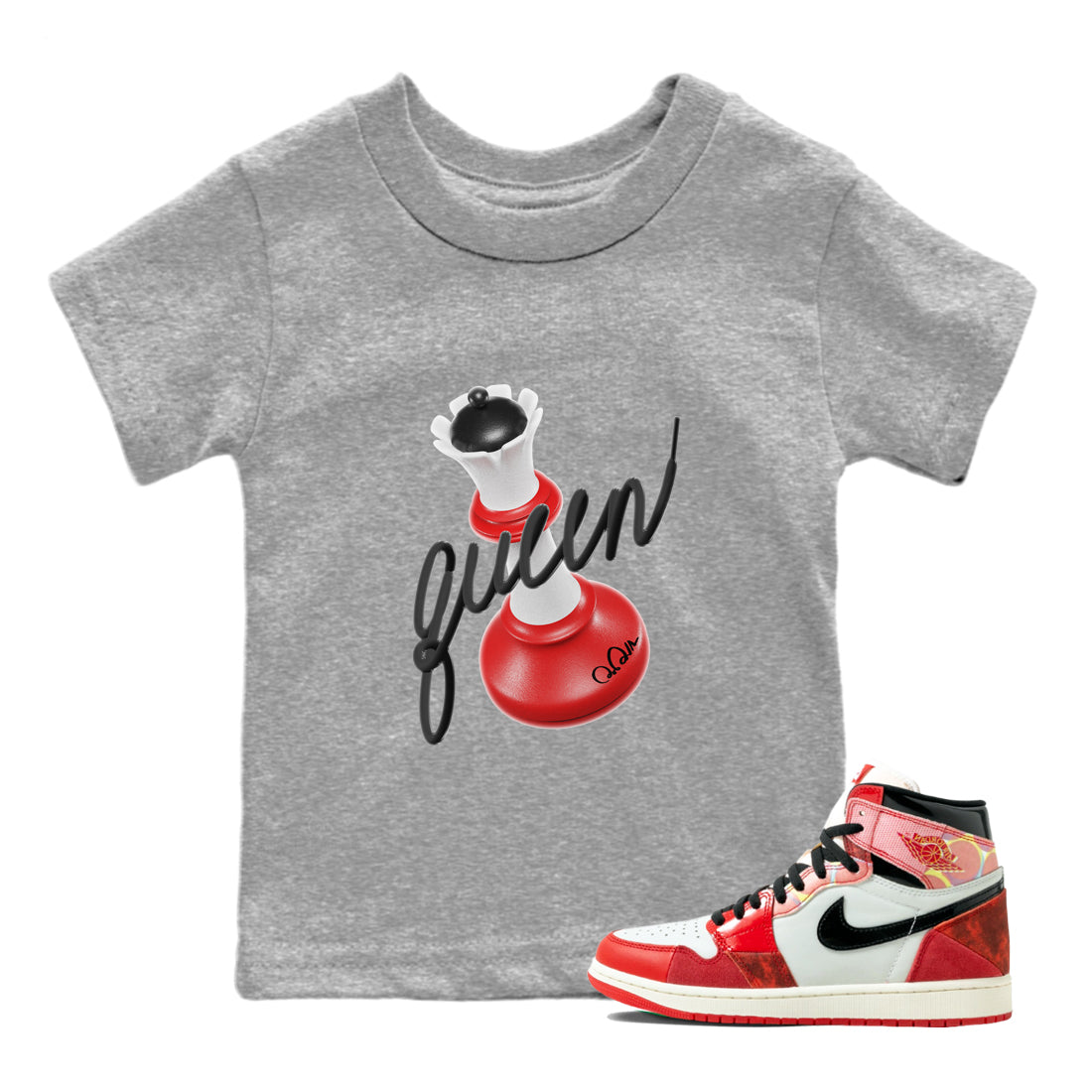 Air Jordan 1 Spider Man Sneaker Match Tees 3D Queen Sneaker Release Tees AJ1 Spider Man Sneaker Release Tees Kids Shirts Heather Grey 1