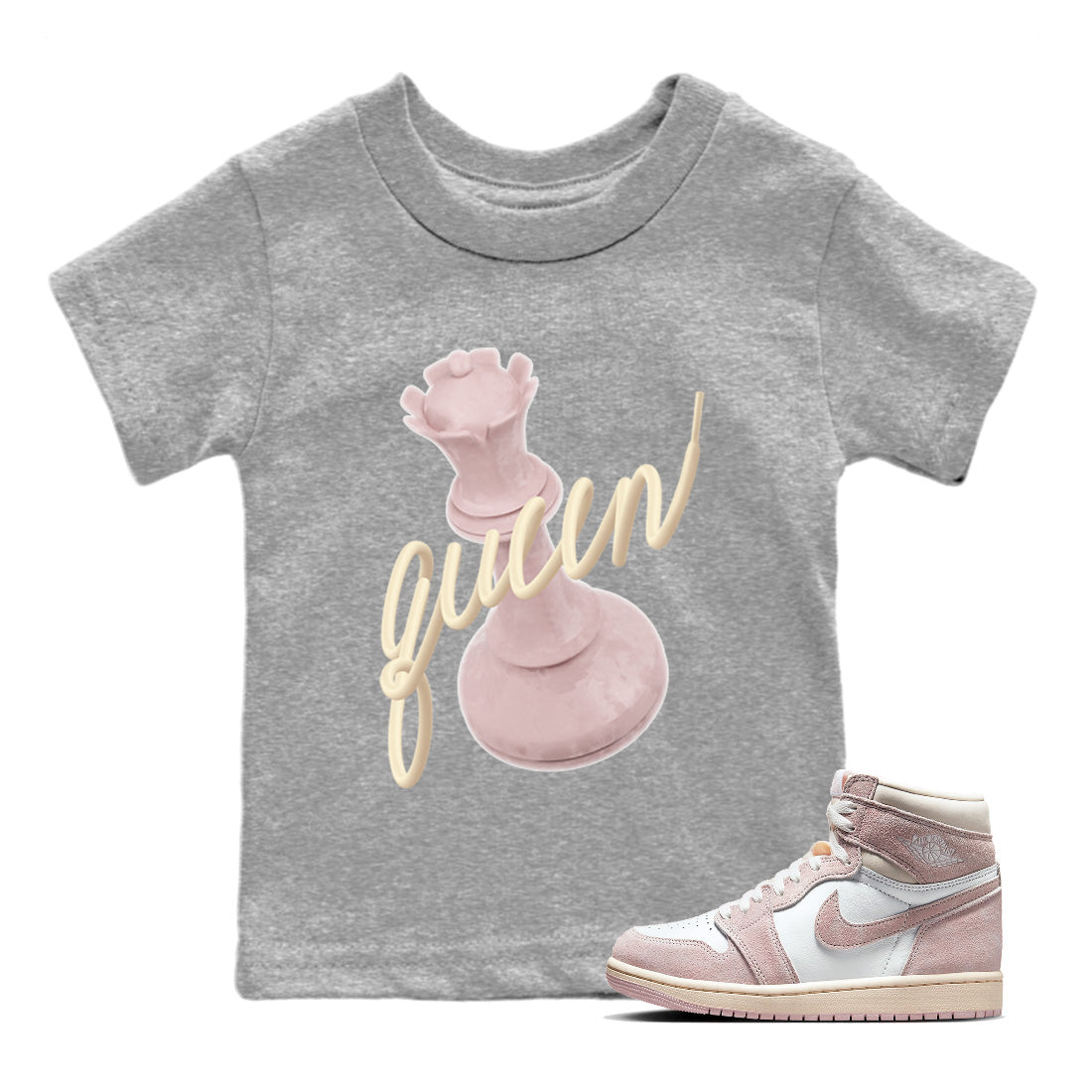 AJ1 Retro High OG Washed Pink Sneaker Match Tees 3D Queen Streetwear Sneaker Shirt AJ1 Retro High OG Washed Pink Sneaker Release Tees Kids Shirts Heather Grey 1