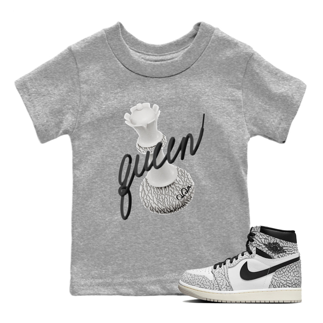 Air Jordan 1 White Cement Sneaker Match Tees 3D Queen Streetwear Sneaker Shirt Air Jordan 1 White Cement Sneaker Release Tees Kids Shirts Heather Grey 1