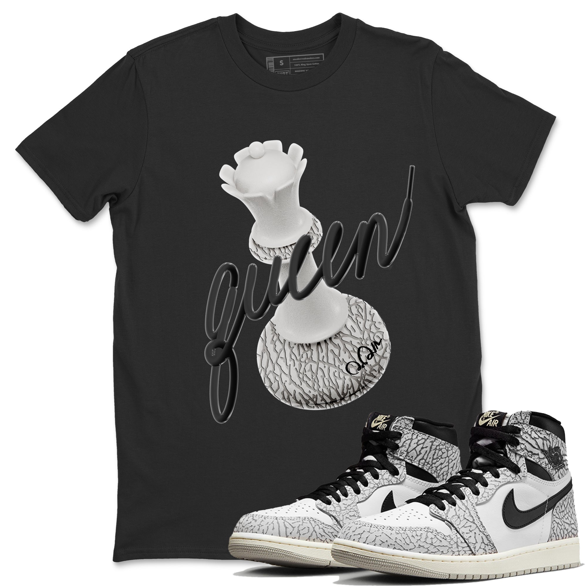 Air Jordan 1 White Cement Sneaker Match Tees 3D Queen Streetwear Sneaker Shirt Air Jordan 1 White Cement Sneaker Release Tees Unisex Shirts Black 1