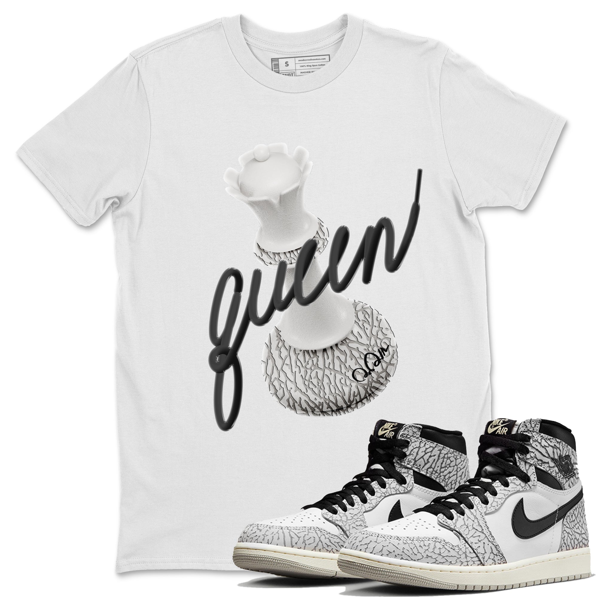 Air Jordan 1 White Cement Sneaker Match Tees 3D Queen Streetwear Sneaker Shirt Air Jordan 1 White Cement Sneaker Release Tees Unisex Shirts White 1