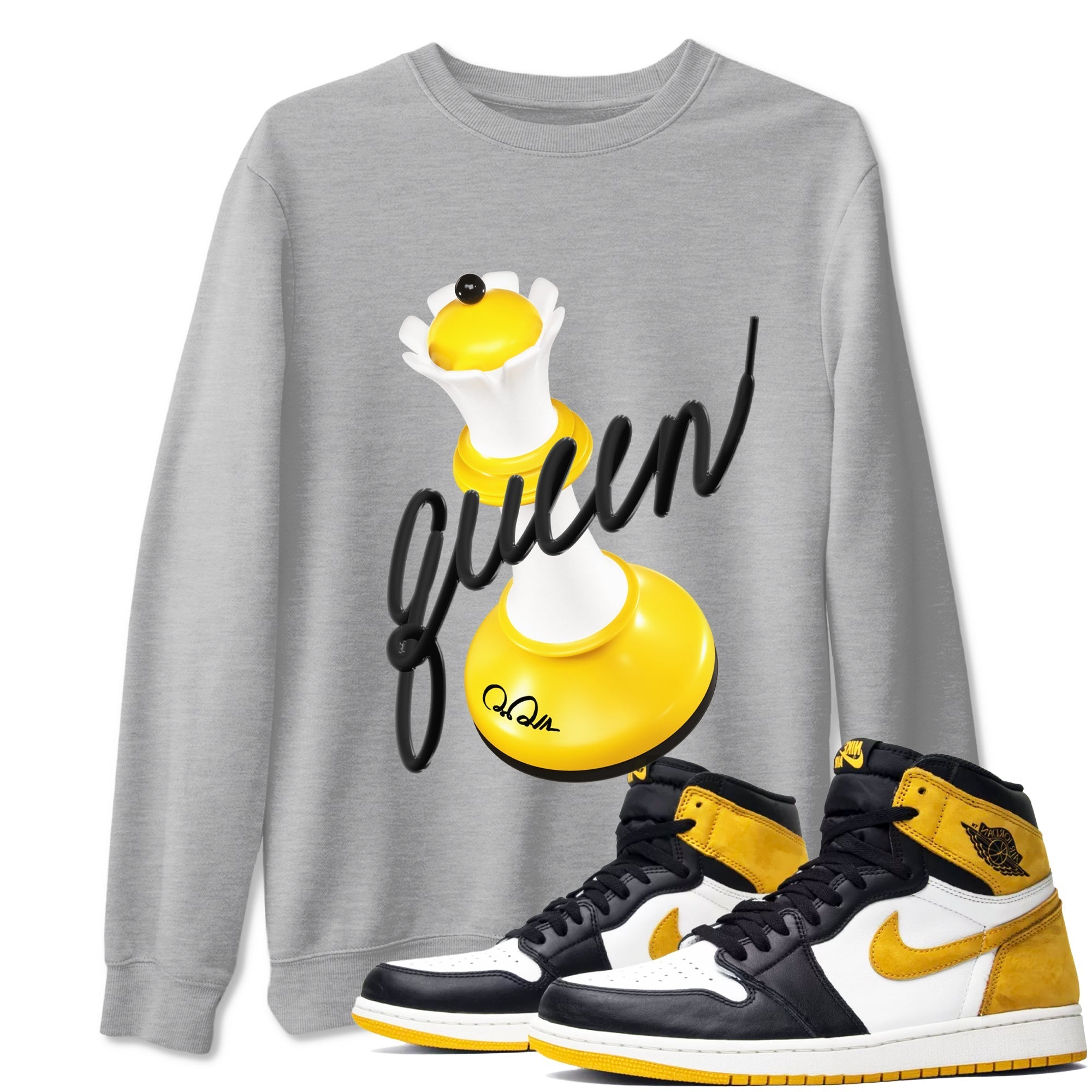 1s Yellow Ochre shirt to match jordans 3D Queen sneaker tees streetwear brand Air Jordan 1 Yellow Ochre Drip Gear Zone Brand unisex cotton Heather Grey 1 crew neck shirt