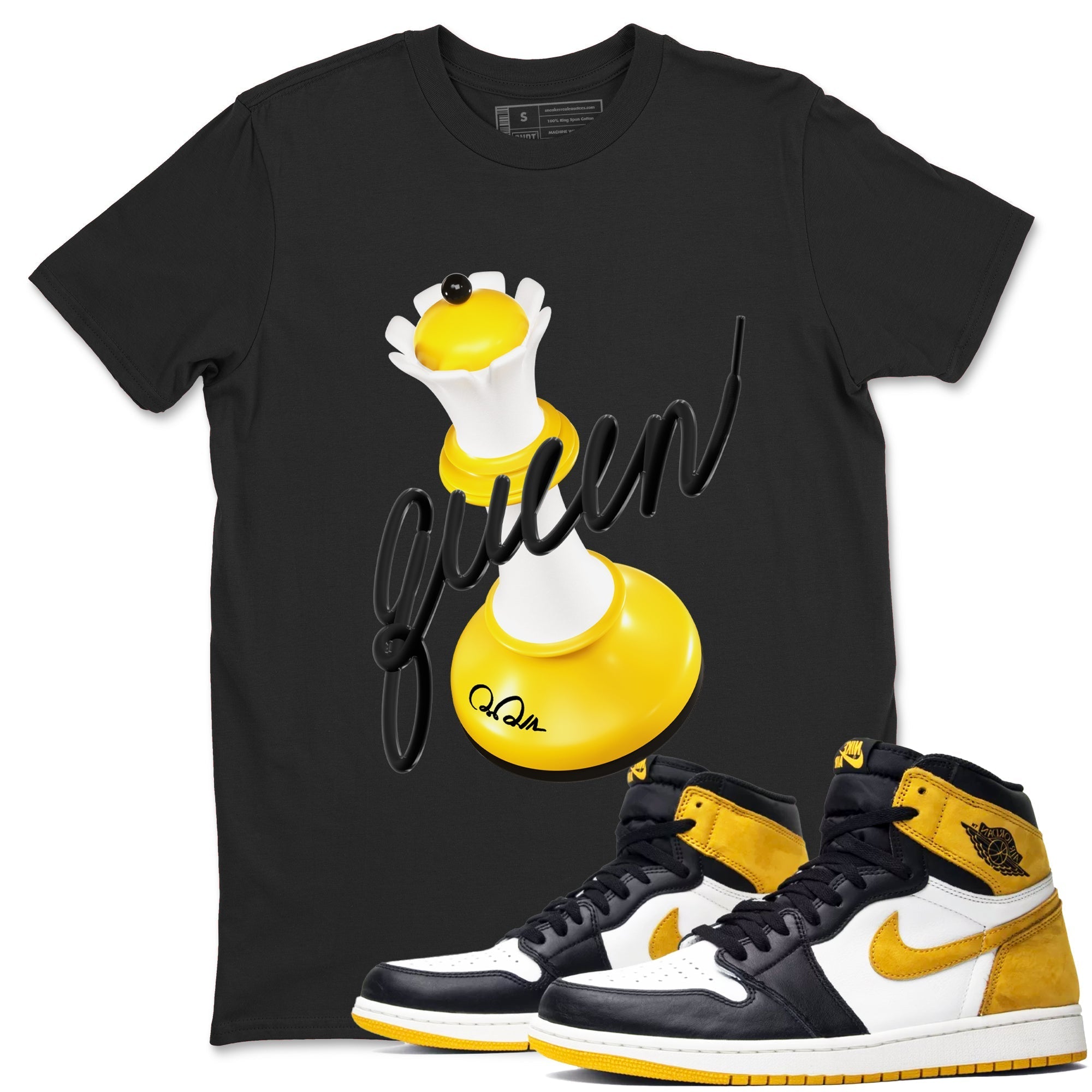 1s Yellow Ochre shirt to match jordans 3D Queen sneaker tees streetwear brand Air Jordan 1 Yellow Ochre Drip Gear Zone Brand unisex cotton Black 1 crew neck shirt