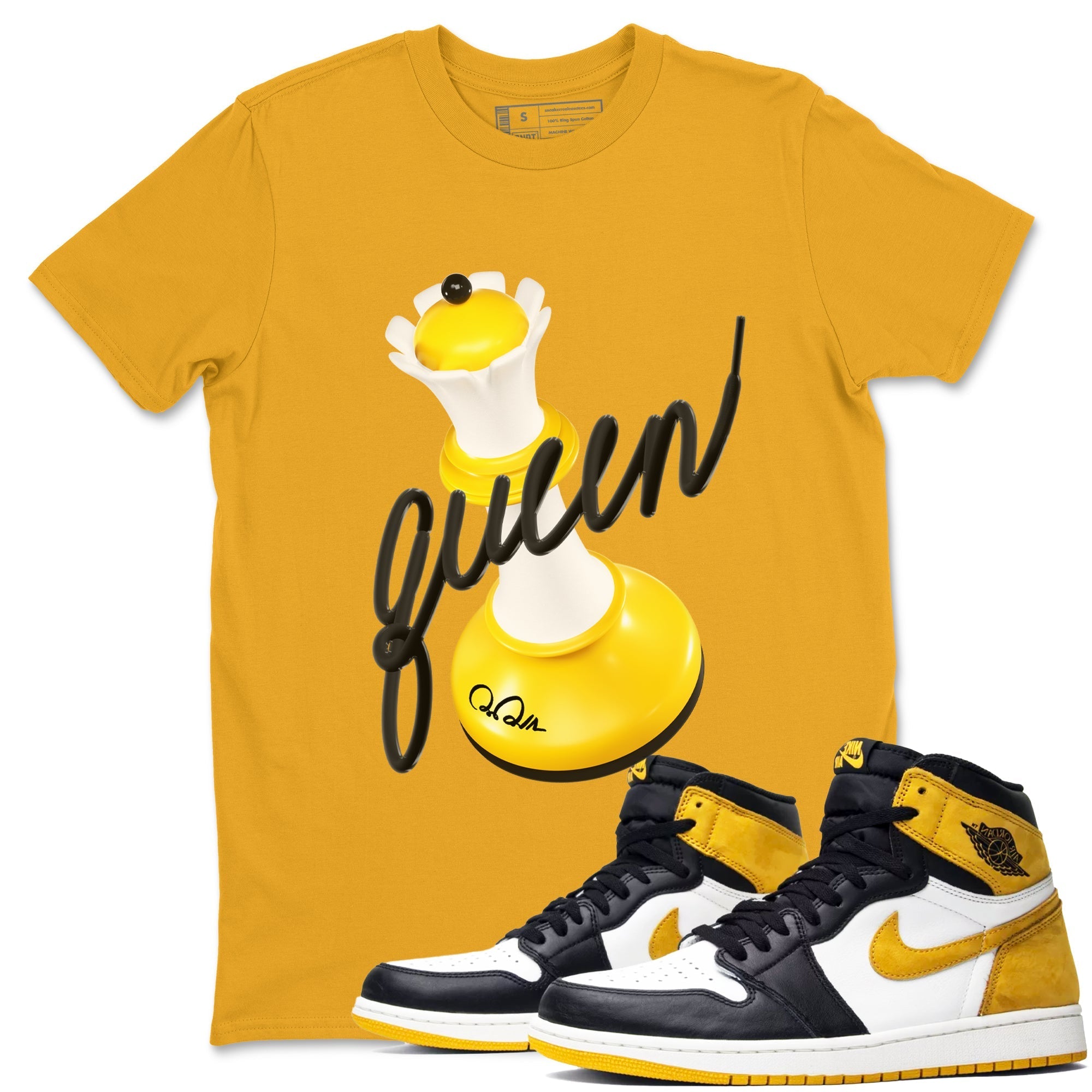 1s Yellow Ochre shirt to match jordans 3D Queen sneaker tees streetwear brand Air Jordan 1 Yellow Ochre Drip Gear Zone Brand unisex cotton Gold 1 crew neck shirt