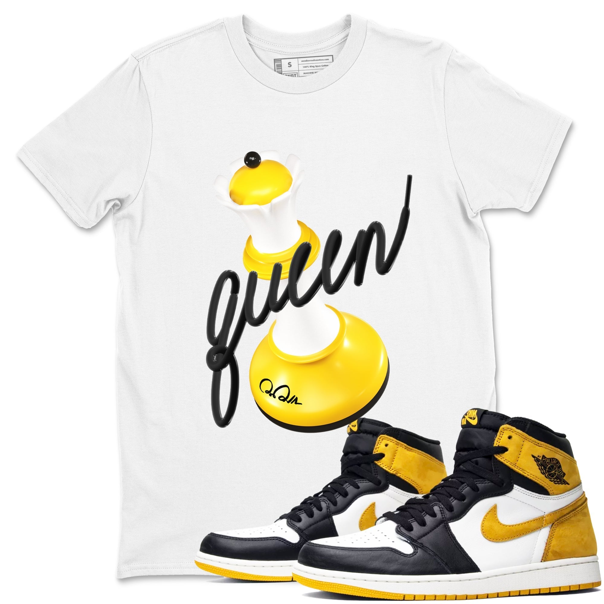 1s Yellow Ochre shirt to match jordans 3D Queen sneaker tees streetwear brand Air Jordan 1 Yellow Ochre Drip Gear Zone Brand unisex cotton White 1 crew neck shirt