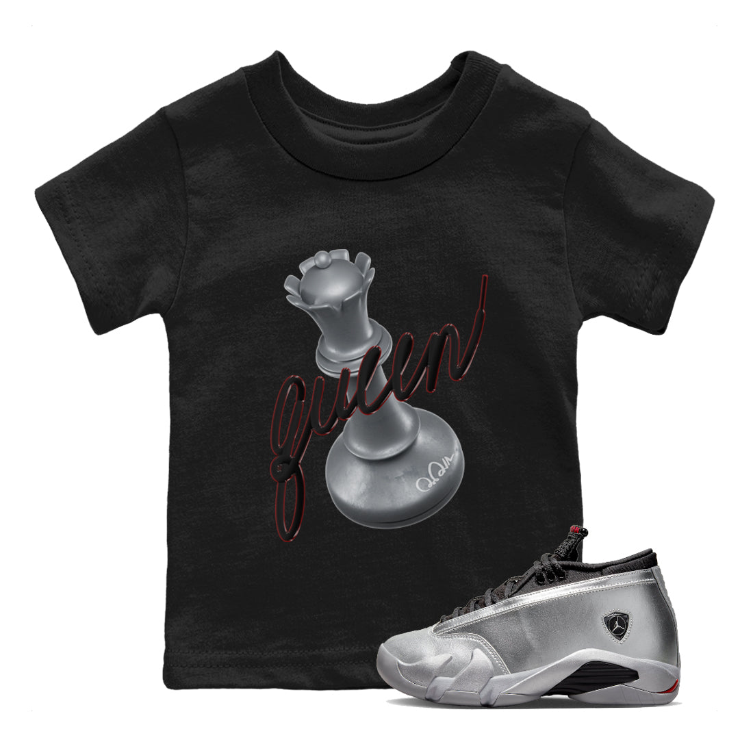 Air Jordan 14 Metallic Silver Sneaker Match Tees 3D Queen Streetwear Sneaker Shirt AJ14 Metallic Silver Sneaker Release Tees Kids Shirts Black 1