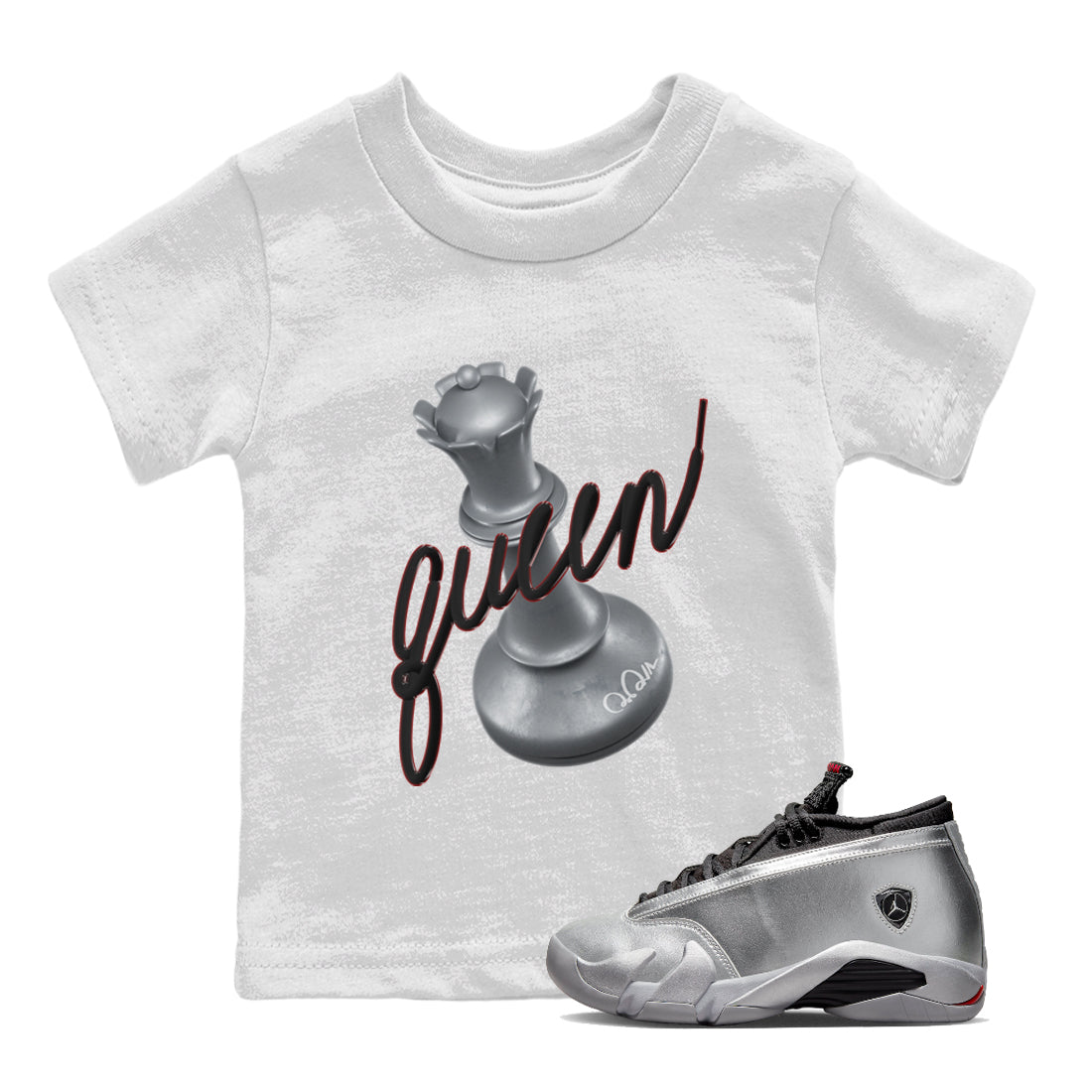 Air Jordan 14 Metallic Silver Sneaker Match Tees 3D Queen Streetwear Sneaker Shirt AJ14 Metallic Silver Sneaker Release Tees Kids Shirts White 1