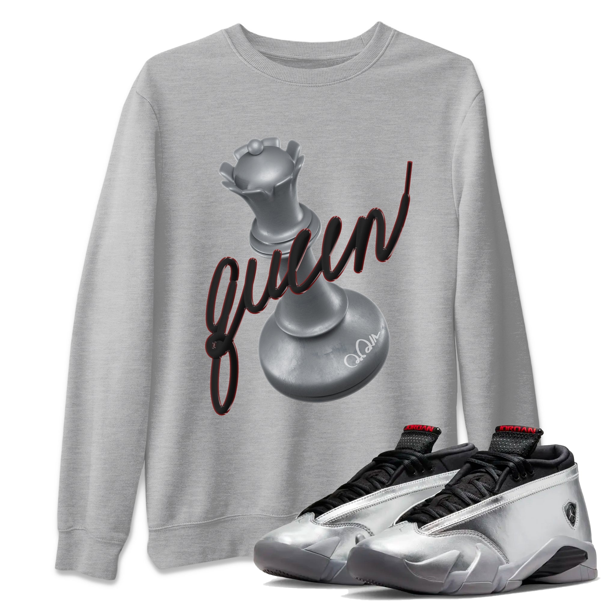 Air Jordan 14 Metallic Silver Sneaker Match Tees 3D Queen Streetwear Sneaker Shirt AJ14 Metallic Silver Sneaker Release Tees Unisex Shirts Heather Grey 1