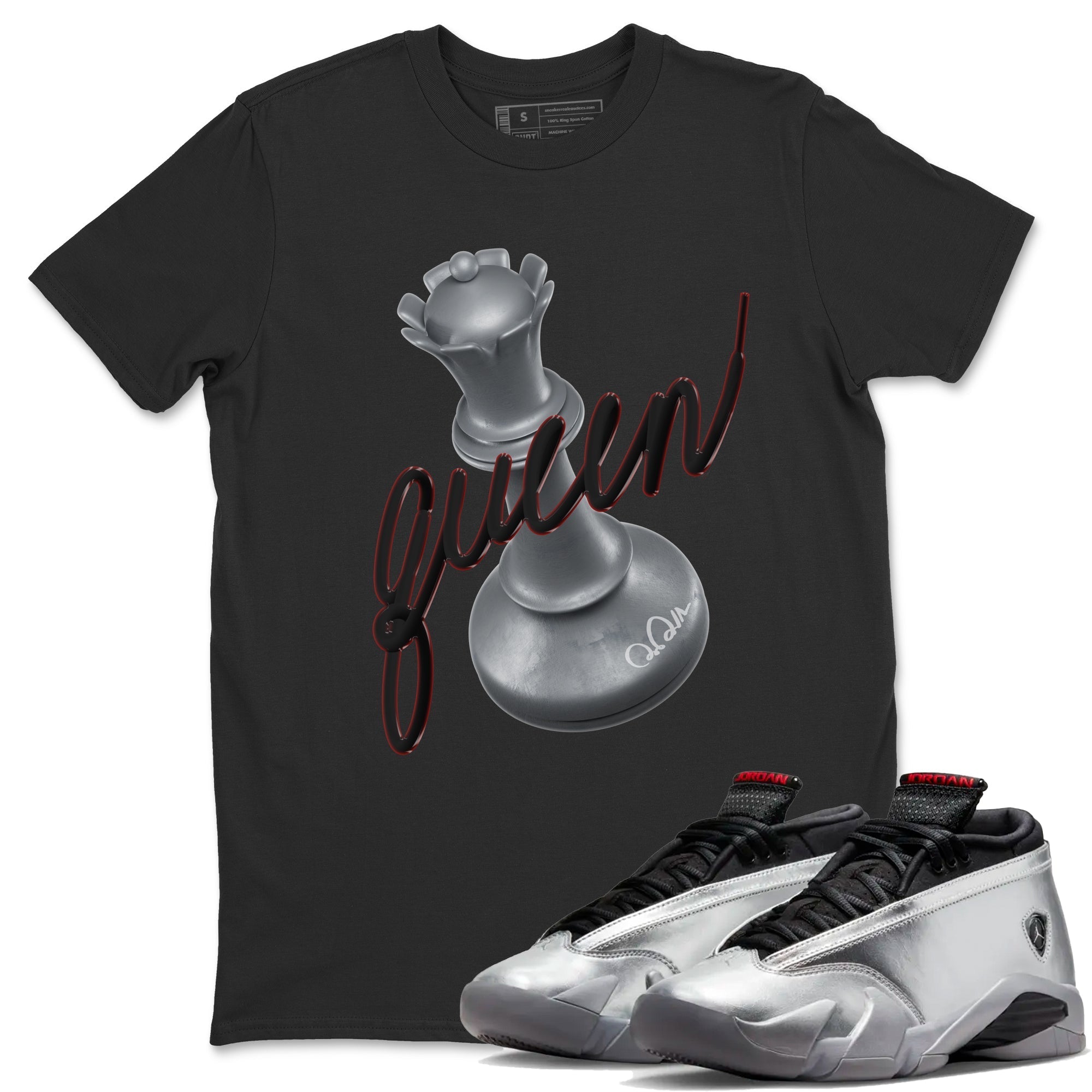 Air Jordan 14 Metallic Silver Sneaker Match Tees 3D Queen Streetwear Sneaker Shirt AJ14 Metallic Silver Sneaker Release Tees Unisex Shirts Black 1