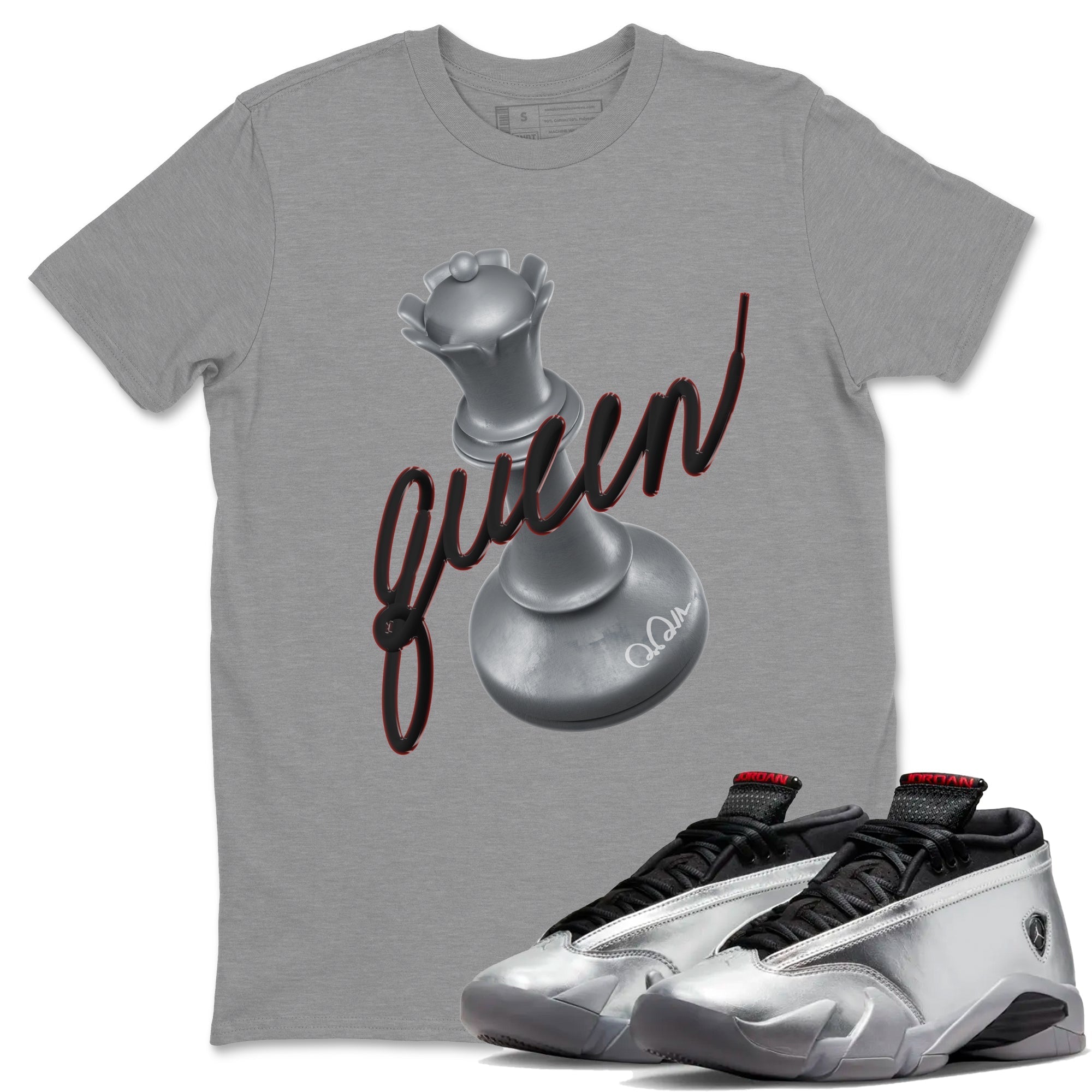 Air Jordan 14 Metallic Silver 3D Queen Crew Neck Streetwear Sneaker Shirt AJ14 Metallic Silver Sneaker T-Shirts Size Chart