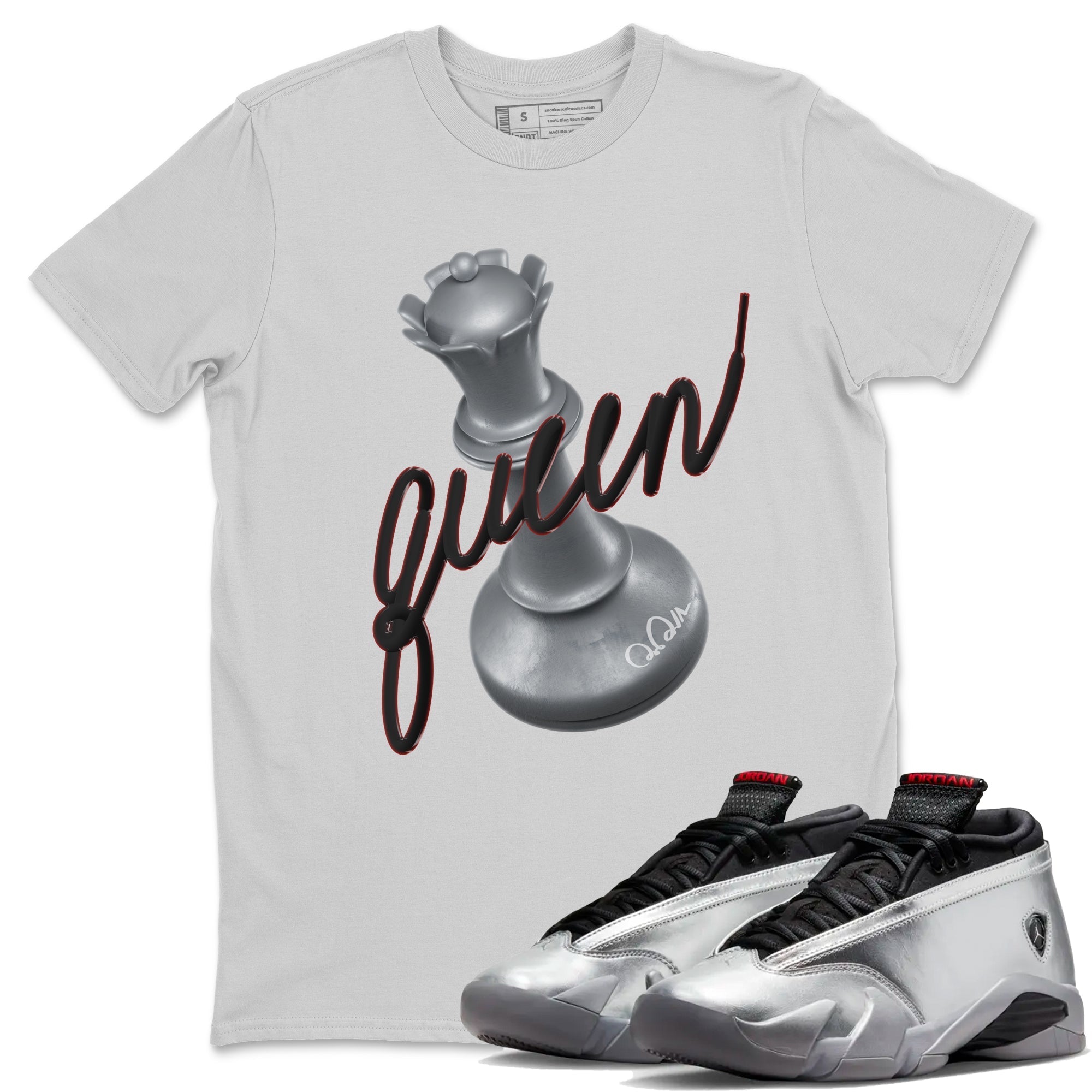 Air Jordan 14 Metallic Silver 3D Queen Crew Neck Streetwear Sneaker Shirt AJ14 Metallic Silver Sneaker T-Shirts Washing and Care Tip