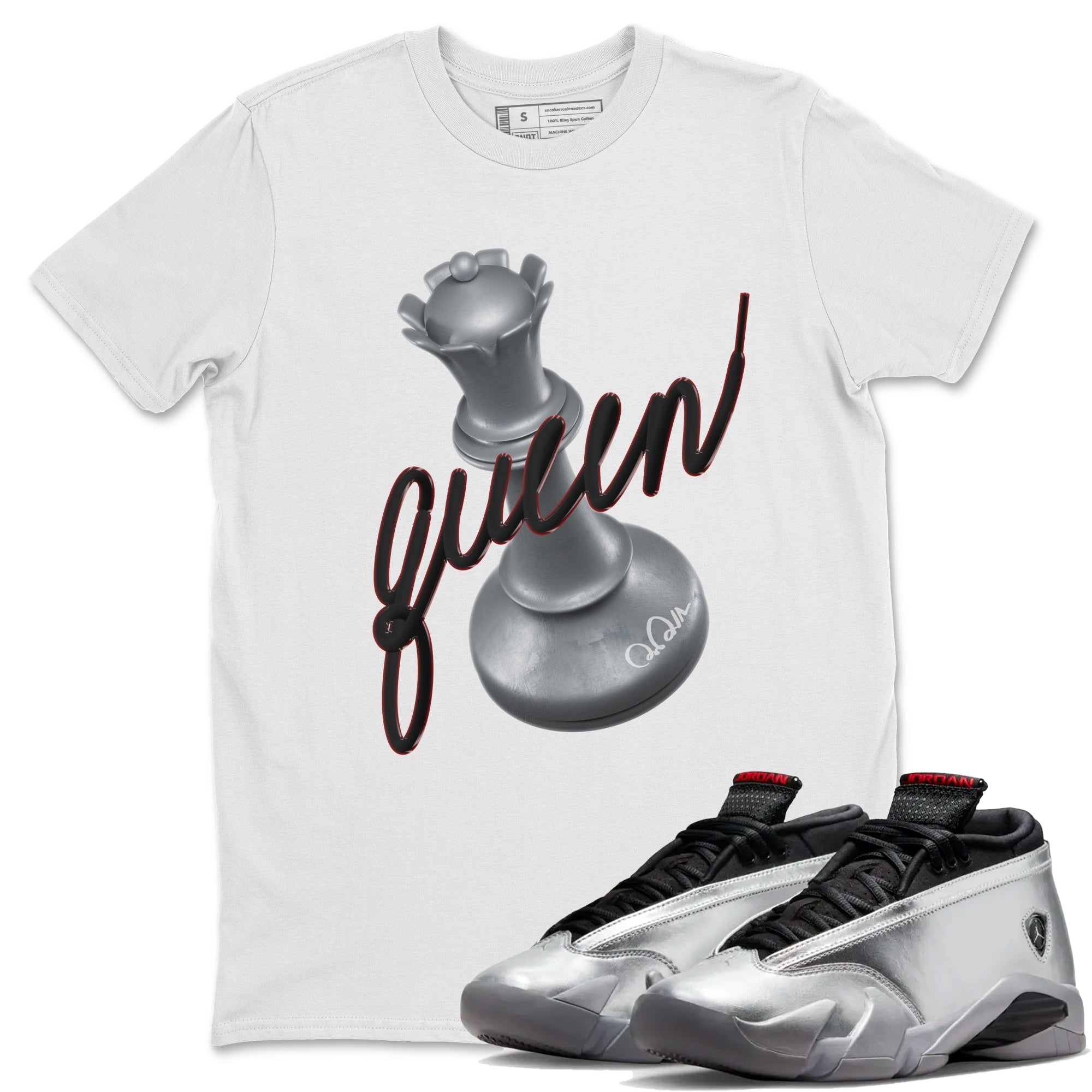 Air Jordan 14 Metallic Silver Sneaker Match Tees 3D Queen Streetwear Sneaker Shirt AJ14 Metallic Silver Sneaker Release Tees Unisex Shirts White 1