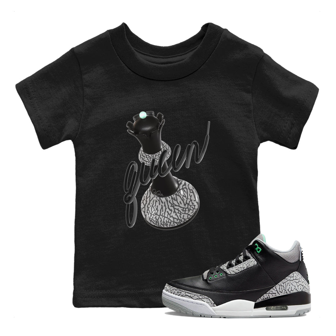 3s Green Glow shirt to match jordans 3D Queen sneaker tees Air Jordan 3 Green Glow Drip Gear Zone baby toddler Black 1 cotton Shirt